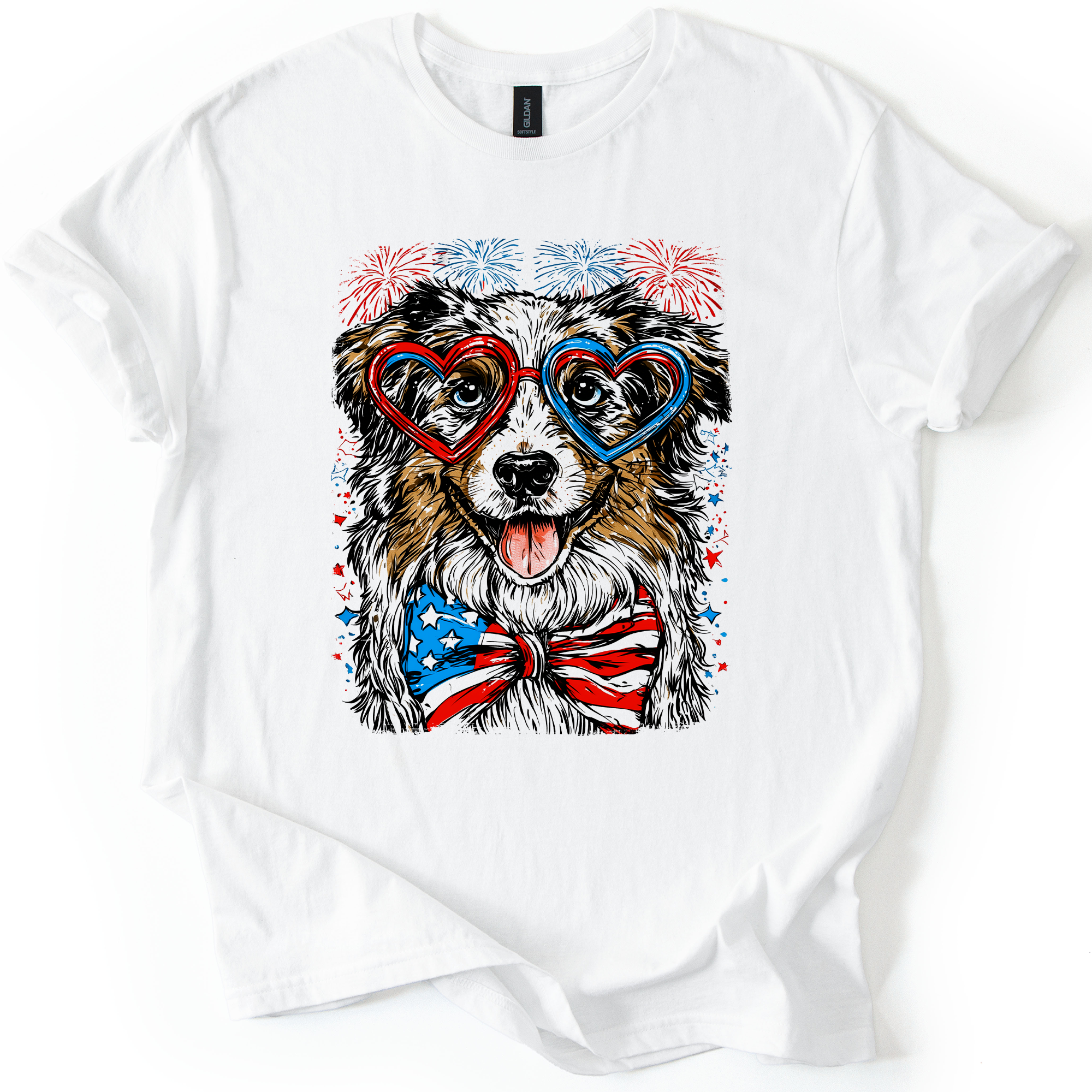 Australian Shepherd Patriotic Dog, USA, America, Pet Lover, 4th of July, Soft Style T-Shirt
