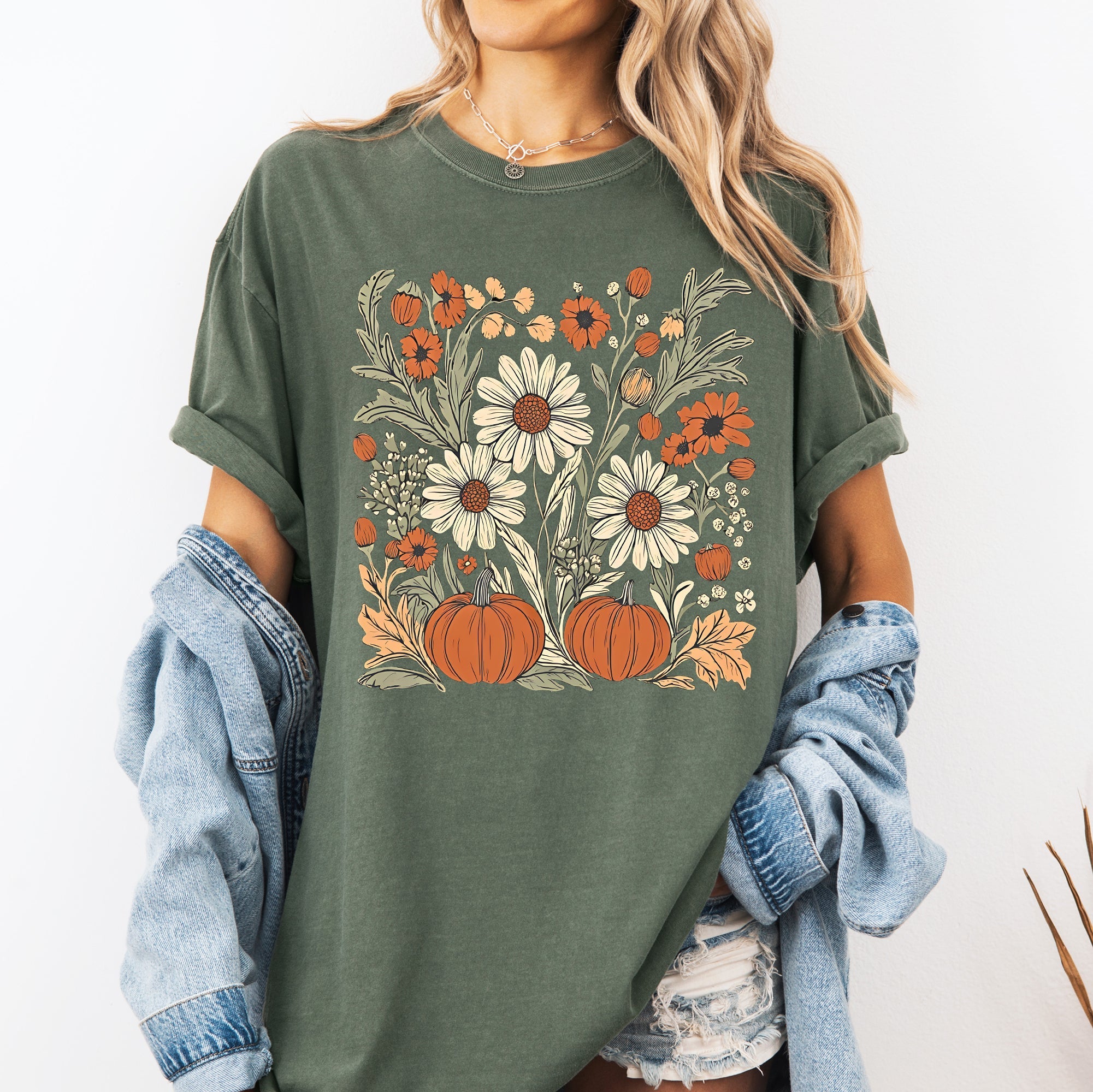 Autumn Botanical, Floral, Flowers, Pressed Flowers, Pumpkins, Thanksgiving Tshirt Comfort Colors T-Shirt