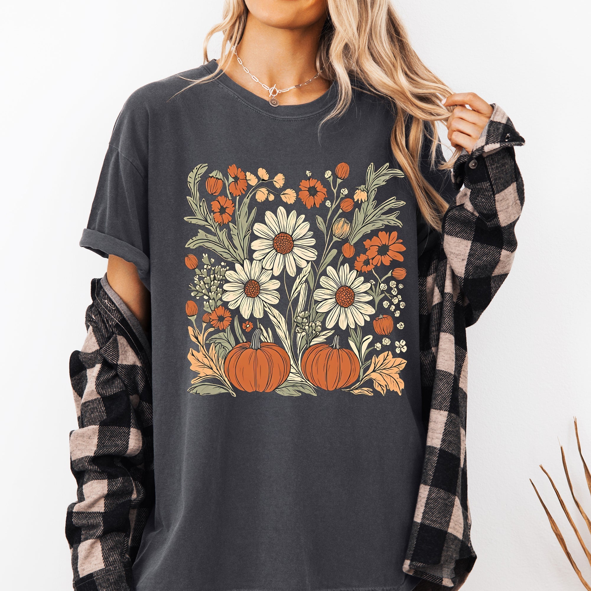 Autumn Botanical, Floral, Flowers, Pressed Flowers, Pumpkins, Thanksgiving Tshirt Comfort Colors T-Shirt