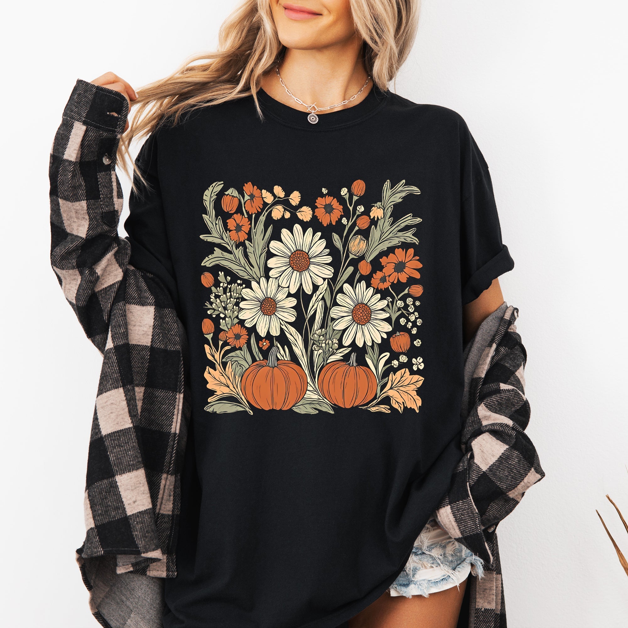 Autumn Botanical, Floral, Flowers, Pressed Flowers, Pumpkins, Thanksgiving Tshirt Comfort Colors T-Shirt