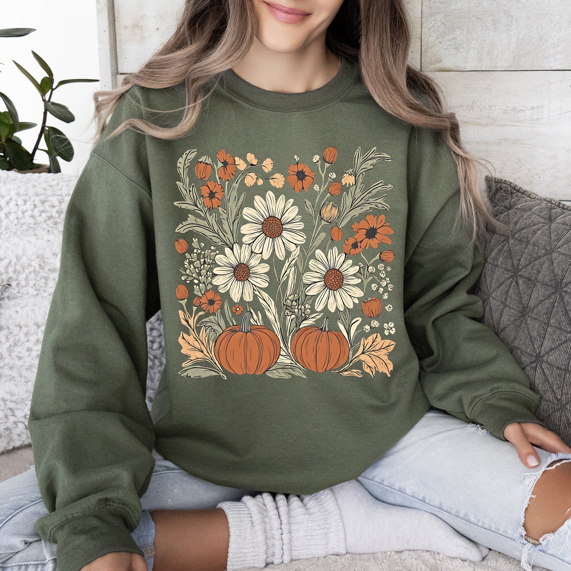 Autumn Botanical, Floral, Flowers, Pressed Flowers, Pumpkins, Thanksgiving Sweatshirt