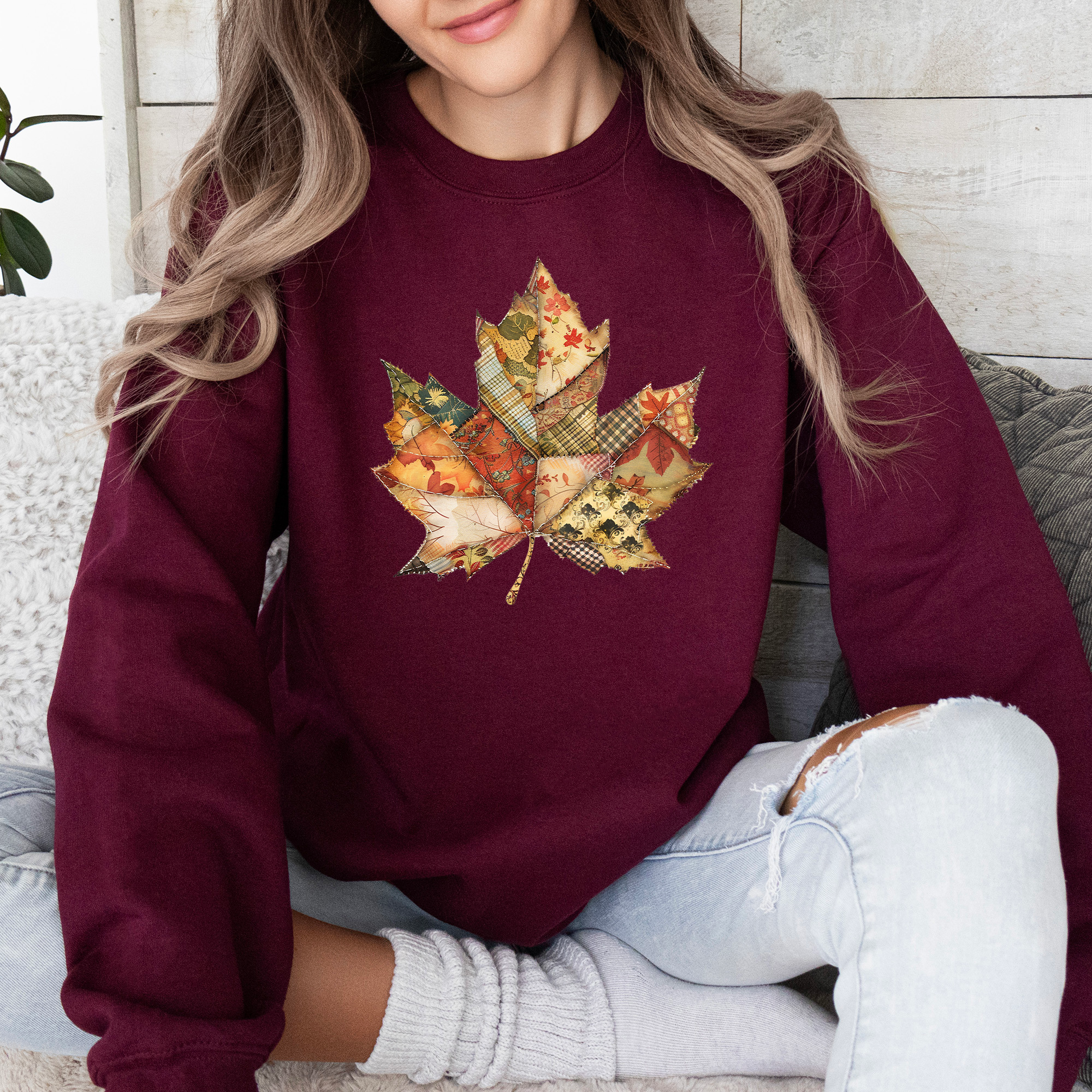 Autumn Leaf, Faux Quilt Leaves, Fall, Thanksgiving Sweatshirt