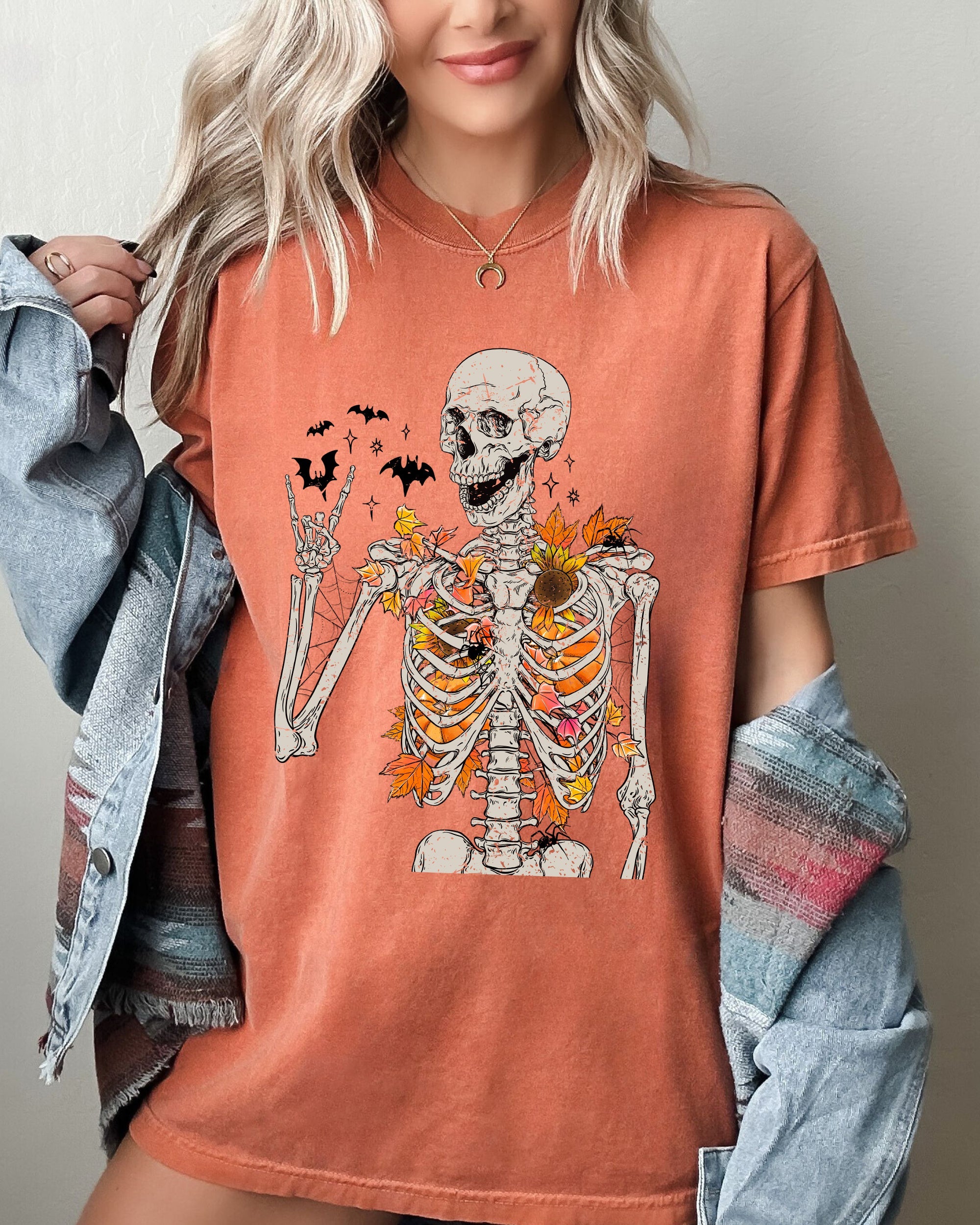 Autumn Skeleton, Funny, Bats, Halloween, Fall, Funny Shirt Comfort Colors T-Shirt