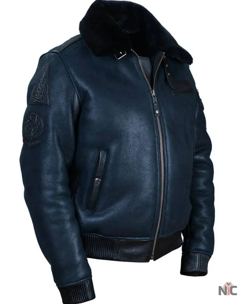 B-15 Fast Eagle Sheepskin Navy Blue Flight Jacket Clanton Jacket