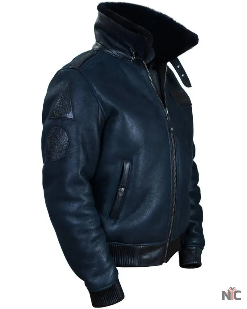 B-15 Fast Eagle Sheepskin Navy Blue Flight Jacket Clanton Jacket