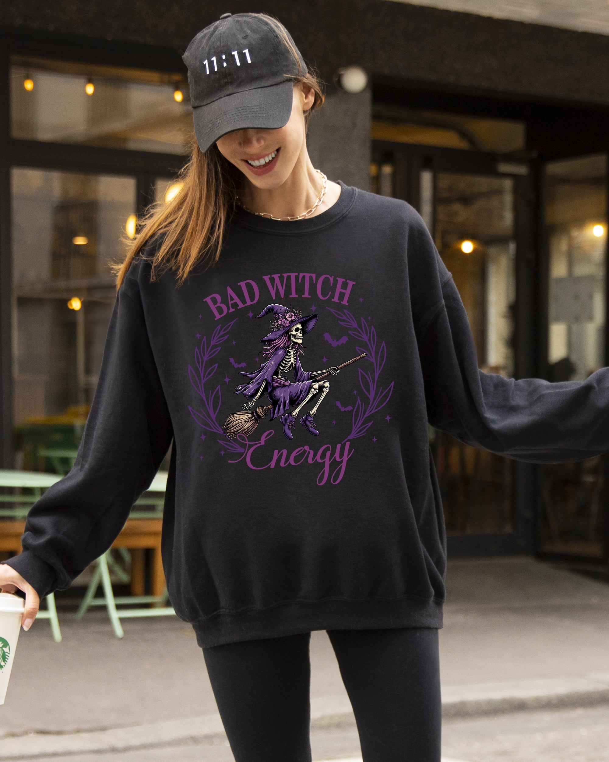 Bad Witch Energy, Funny, Halloween, Broom, Skeleton, Spooky Sweatshirt
