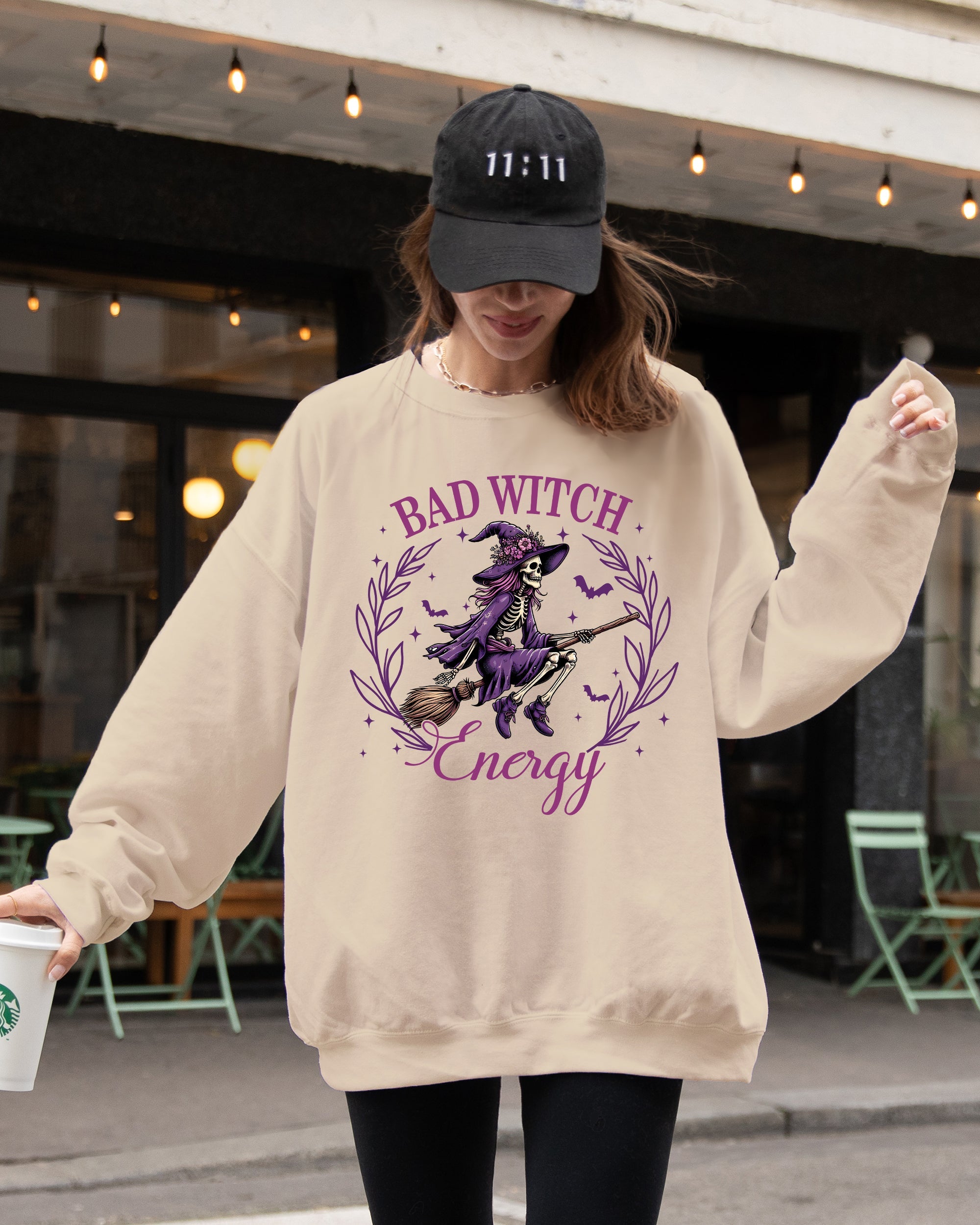 Bad Witch Energy, Funny, Halloween, Broom, Skeleton, Spooky Sweatshirt