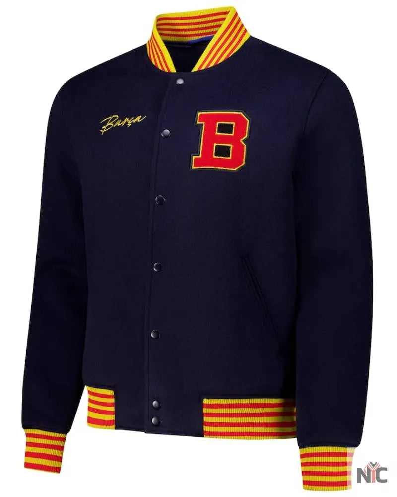 Barcelona Supporter’s Full-Snap Varsity Jacket Clanton Jacket