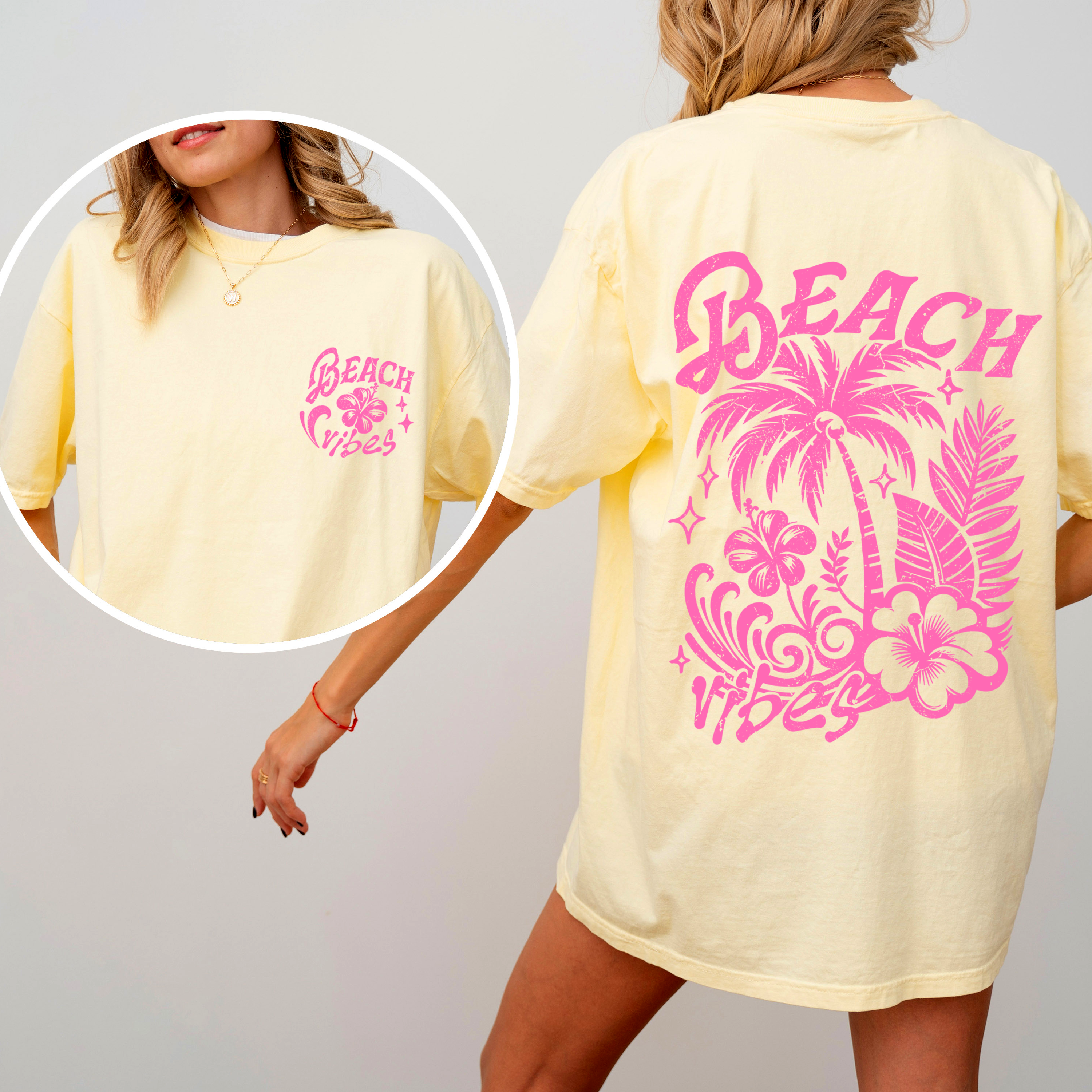Beach Vibes, Flower, Pink, Summer, Front and Back, Retro, Hibiscus, Comfort Colors T-Shirt