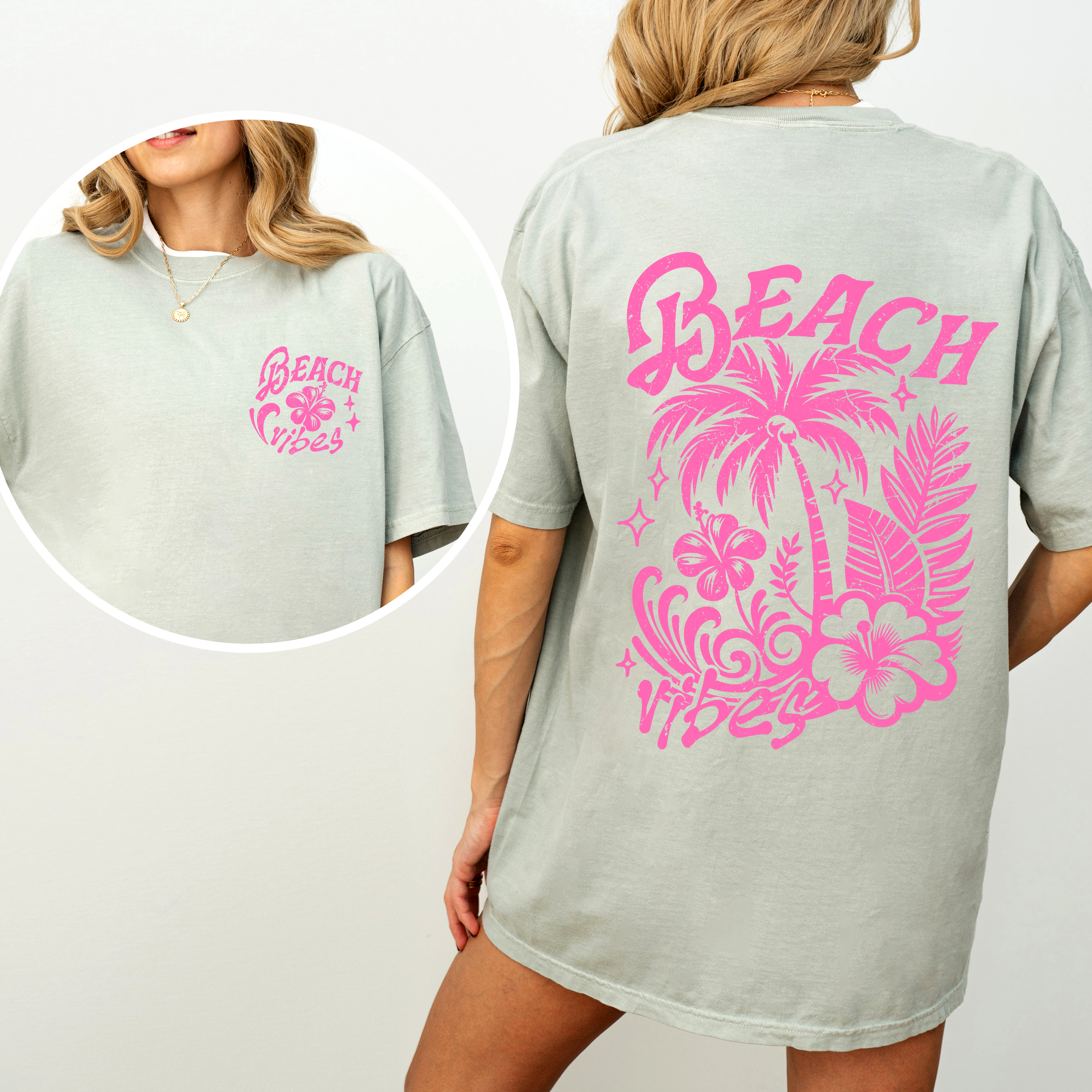 Beach Vibes, Flower, Pink, Summer, Front and Back, Retro, Hibiscus, Comfort Colors T-Shirt