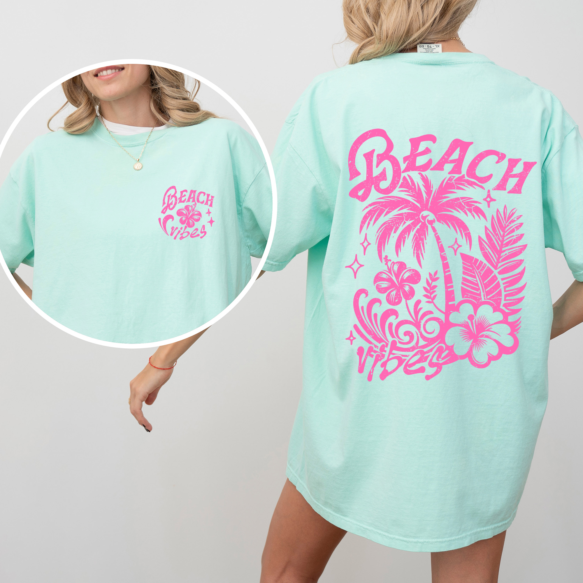 Beach Vibes, Flower, Pink, Summer, Front and Back, Retro, Hibiscus, Comfort Colors T-Shirt