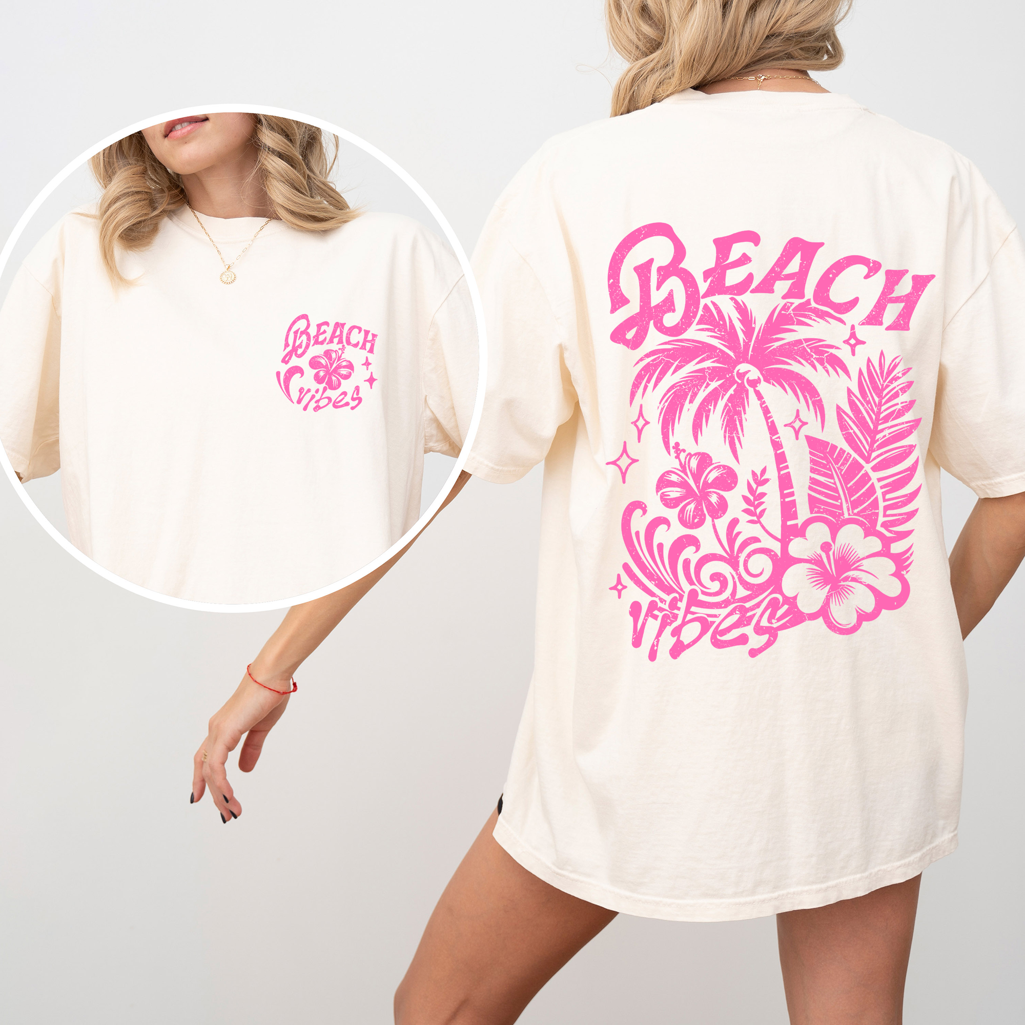 Beach Vibes, Flower, Pink, Summer, Front and Back, Retro, Hibiscus, Comfort Colors T-Shirt