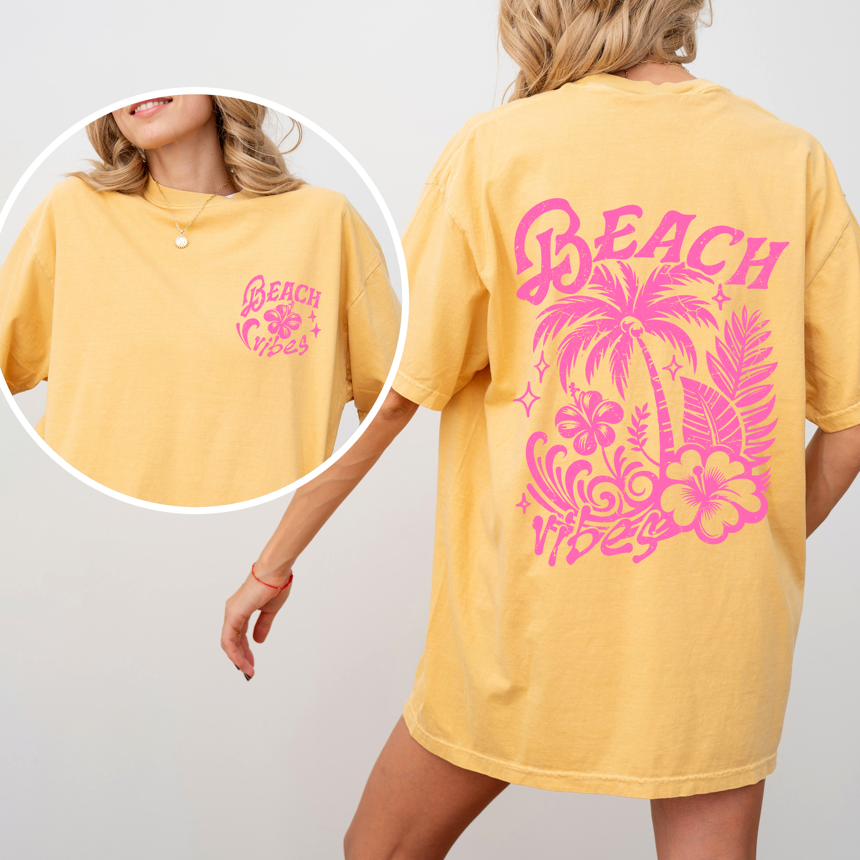 Beach Vibes, Flower, Pink, Summer, Front and Back, Retro, Hibiscus, Comfort Colors T-Shirt