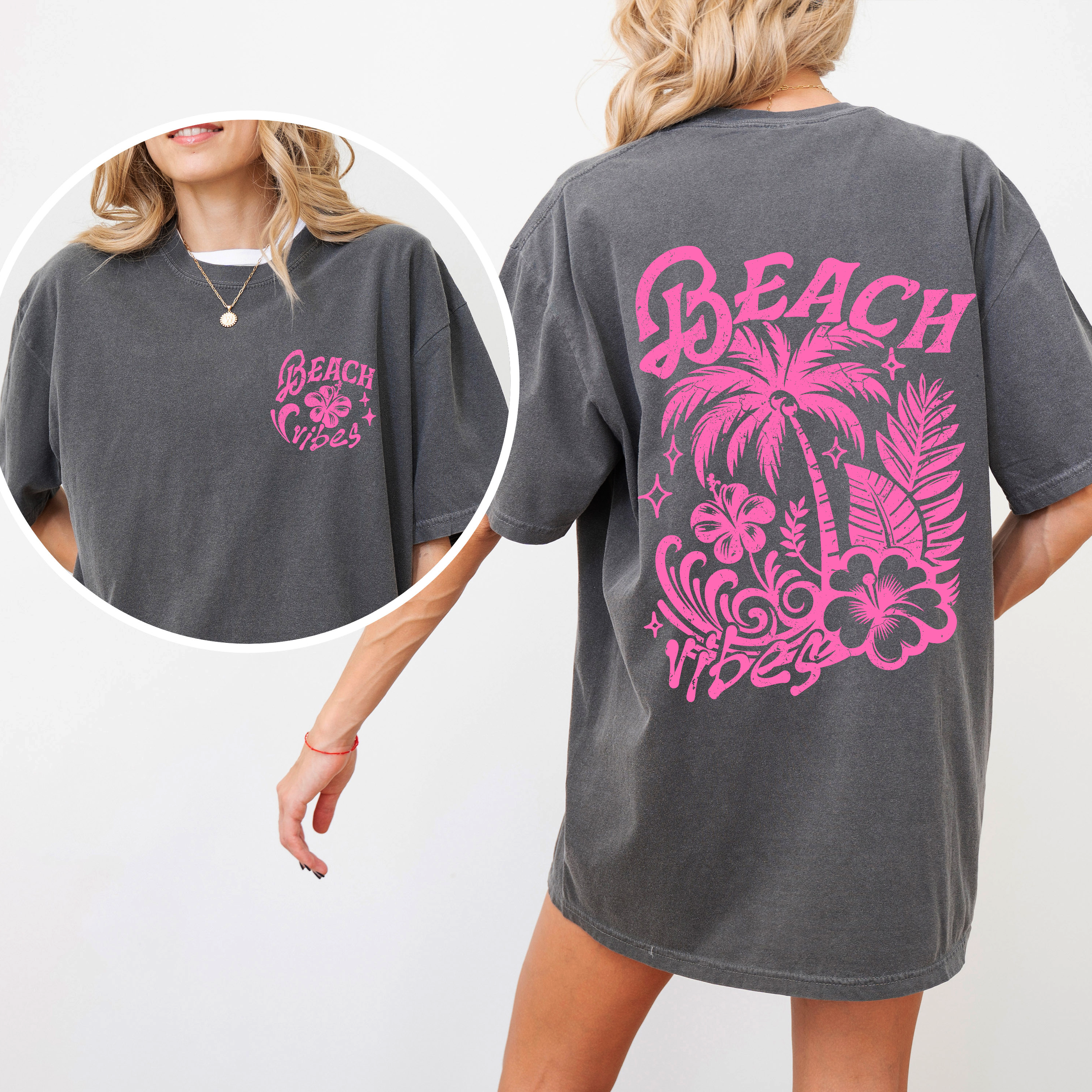 Beach Vibes, Flower, Pink, Summer, Front and Back, Retro, Hibiscus, Comfort Colors T-Shirt