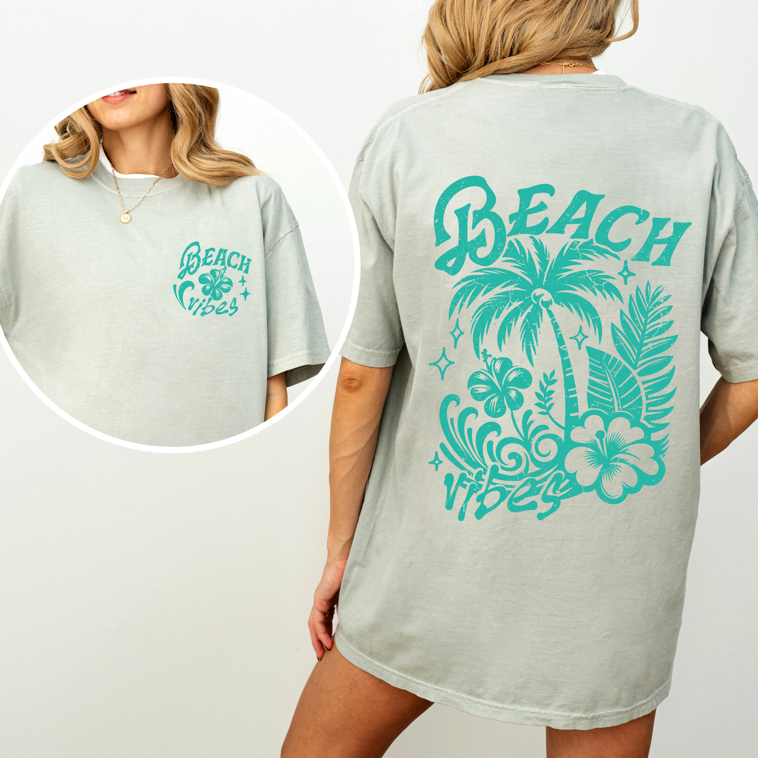 Beach Vibes, Flower, Blue, Summer, Front and Back, Retro, Hibiscus, Comfort Colors T-Shirt