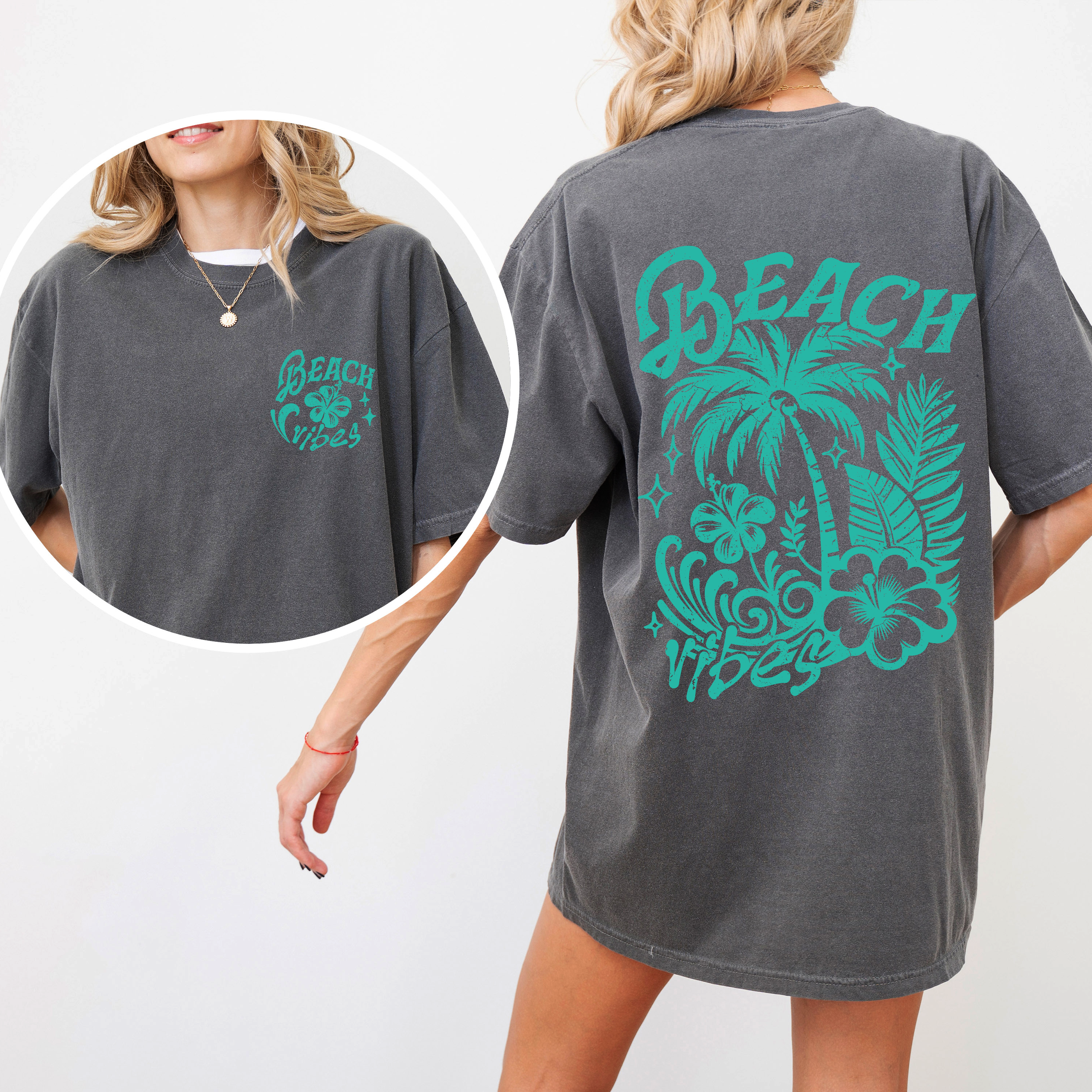 Beach Vibes, Flower, Blue, Summer, Front and Back, Retro, Hibiscus, Comfort Colors T-Shirt