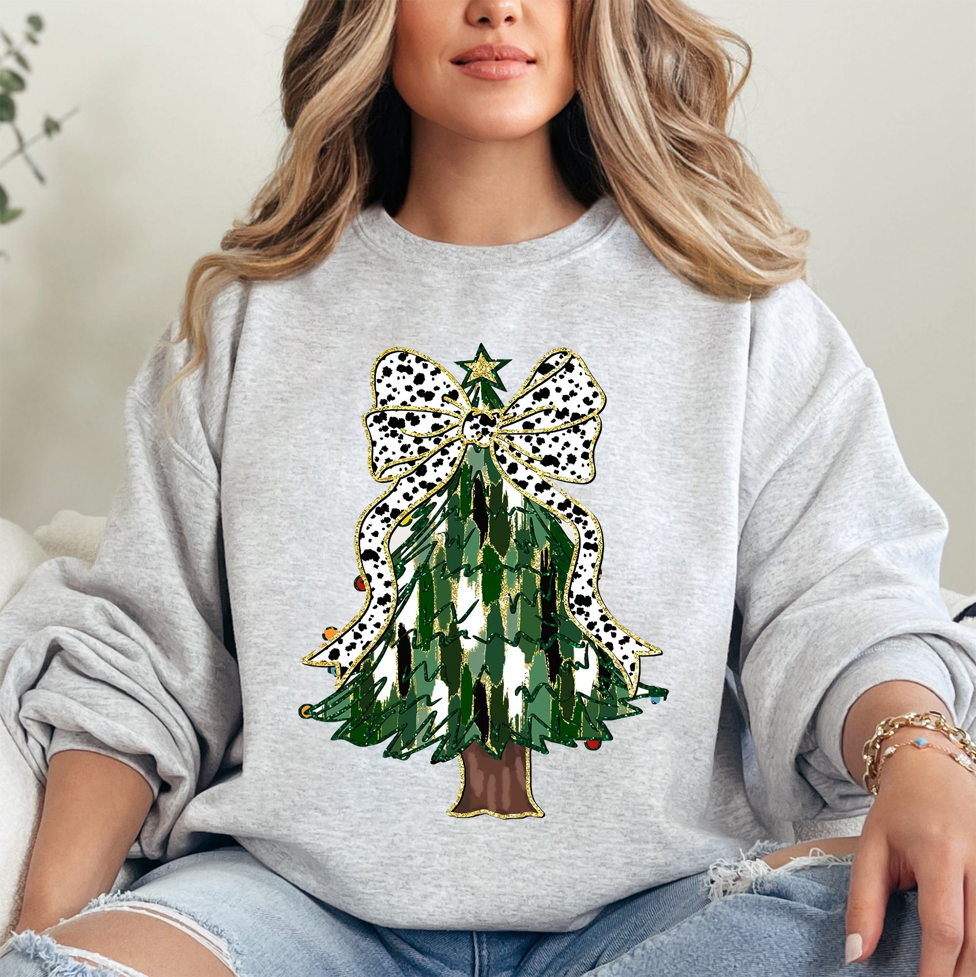Beautiful Christmas Tree, Dalmatian Print Ribbon, Coquette, Bow, Xmas Sweatshirt