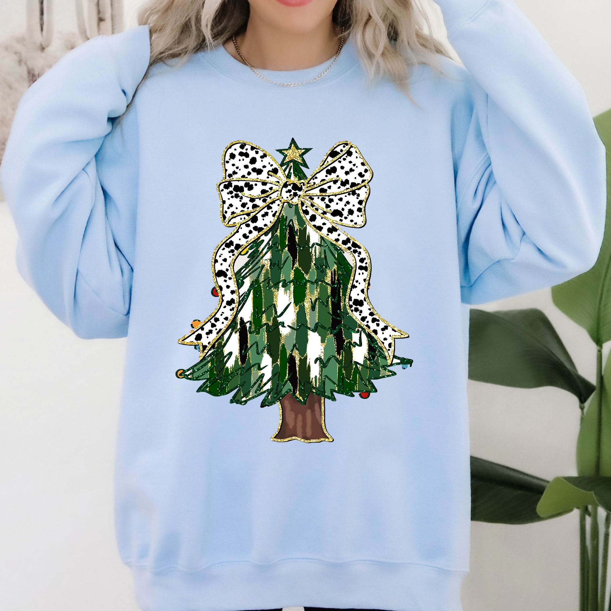 Beautiful Christmas Tree, Dalmatian Print Ribbon, Coquette, Bow, Xmas Sweatshirt