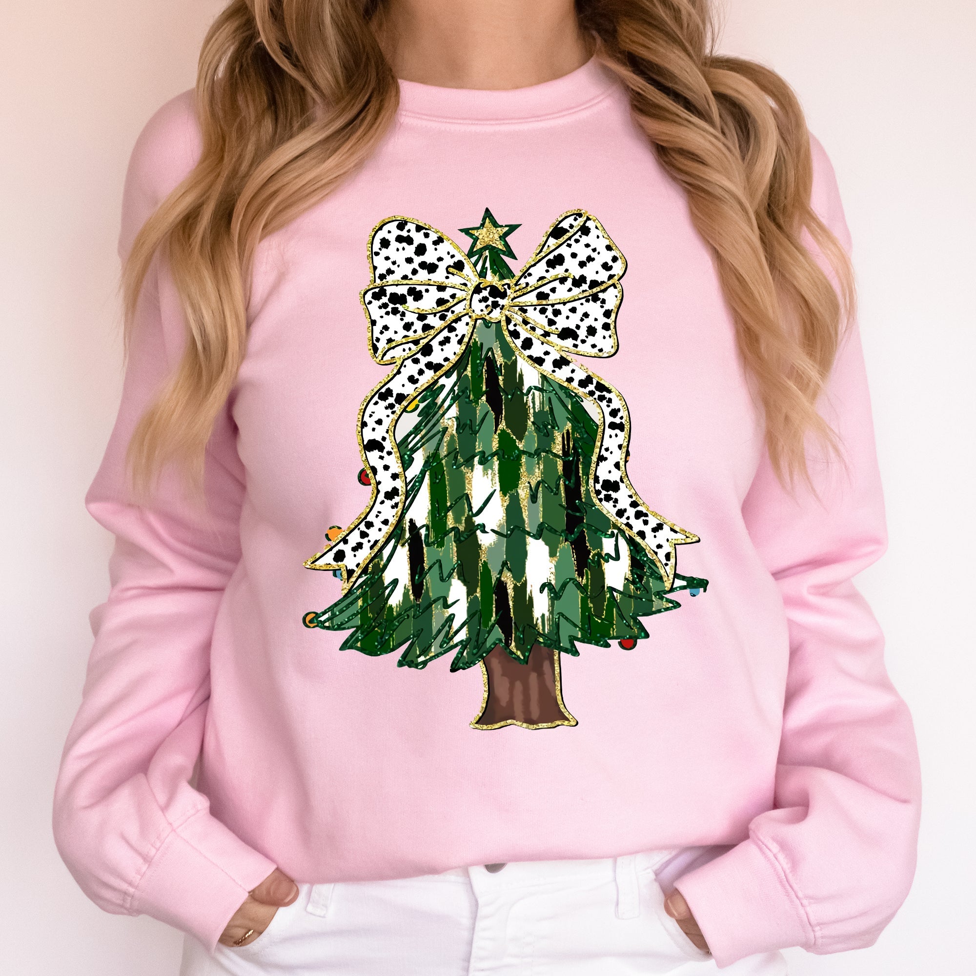 Beautiful Christmas Tree, Dalmatian Print Ribbon, Coquette, Bow, Xmas Sweatshirt