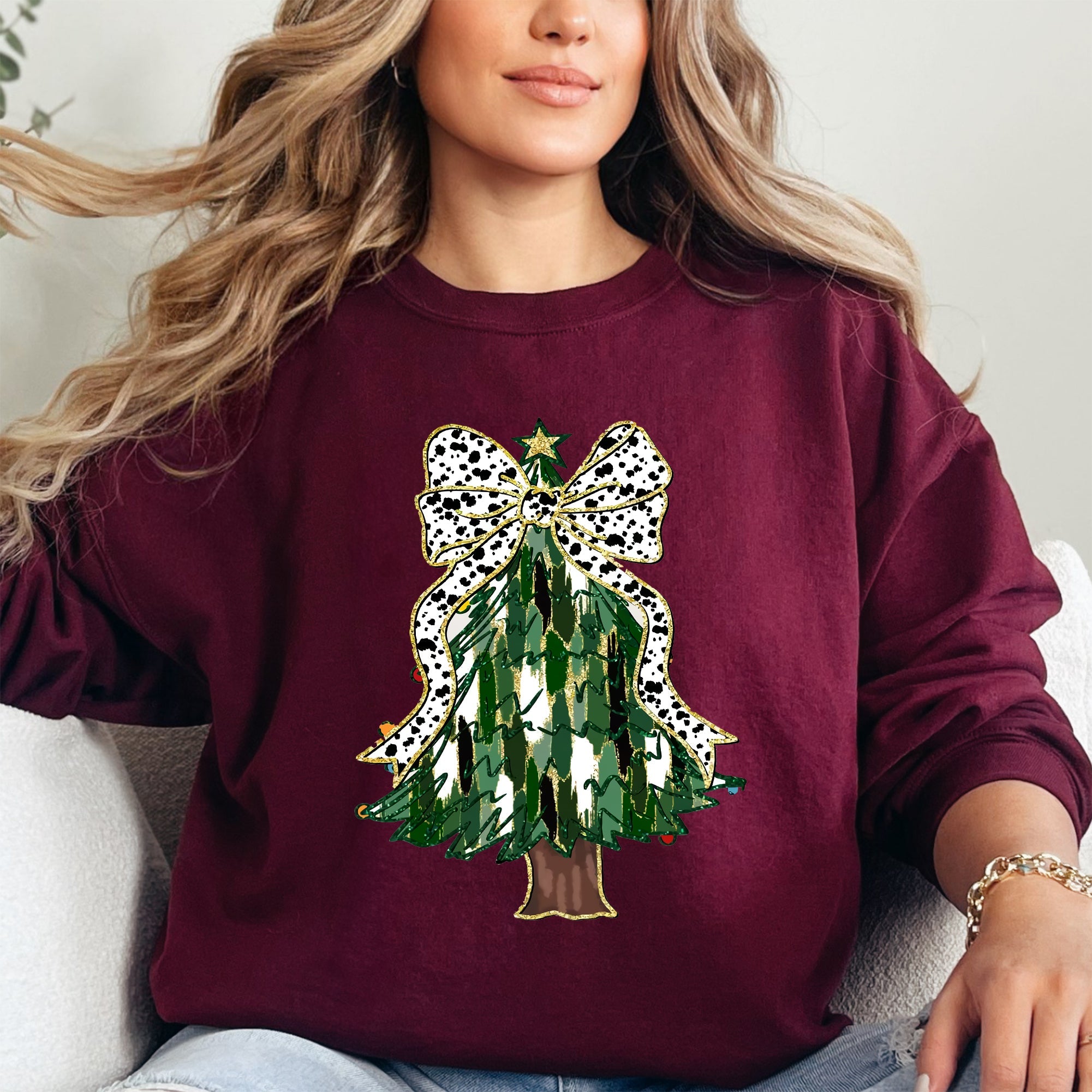 Beautiful Christmas Tree, Dalmatian Print Ribbon, Coquette, Bow, Xmas Sweatshirt