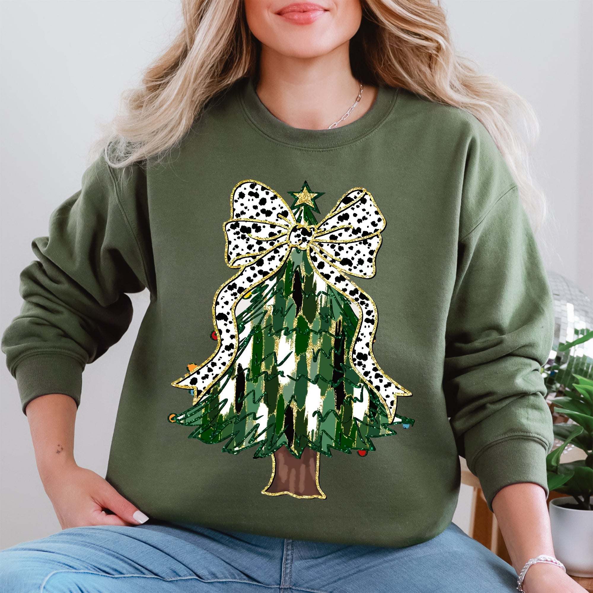 Beautiful Christmas Tree, Dalmatian Print Ribbon, Coquette, Bow, Xmas Sweatshirt
