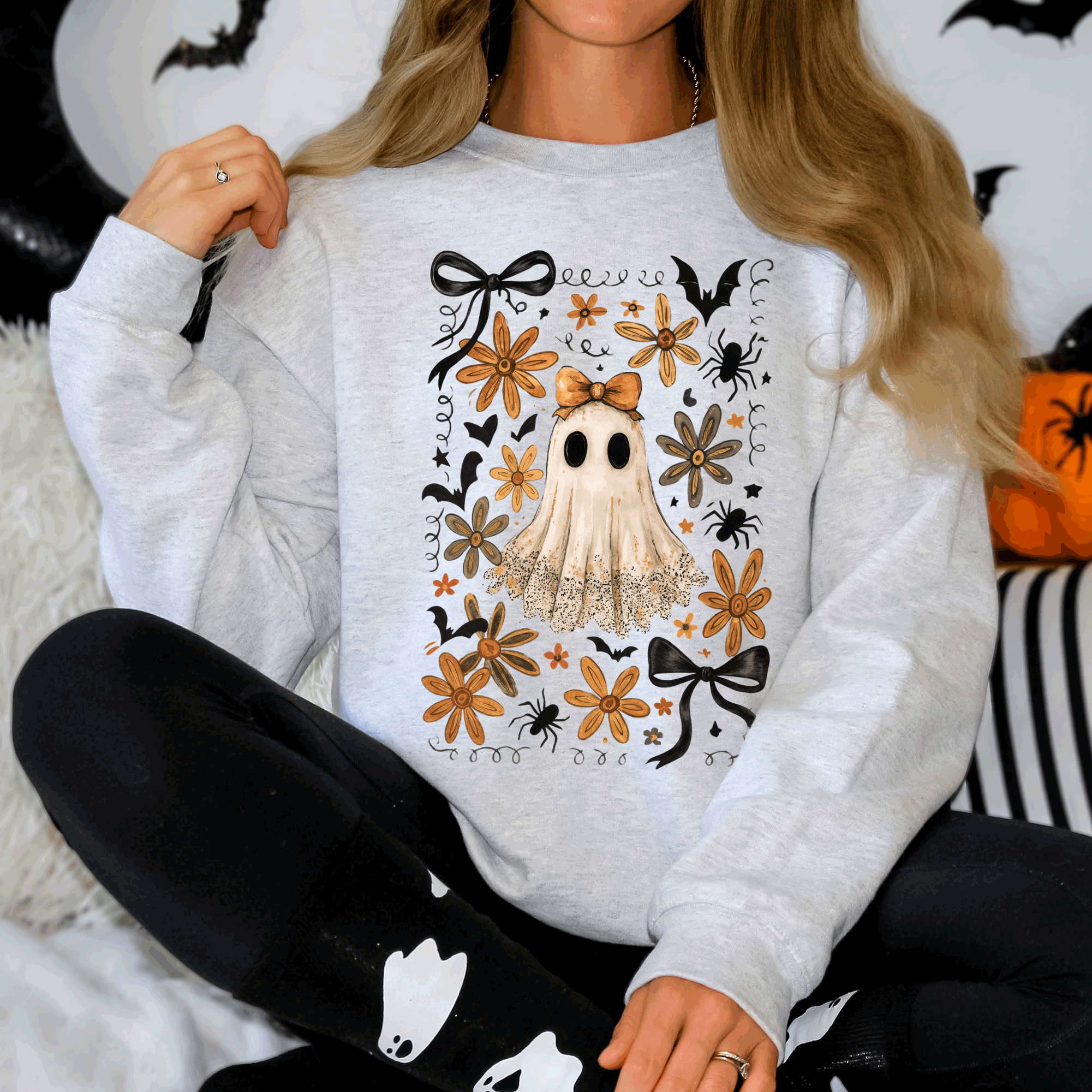 Beautiful Halloween, Bows, Bats, Flowers Sweatshirt
