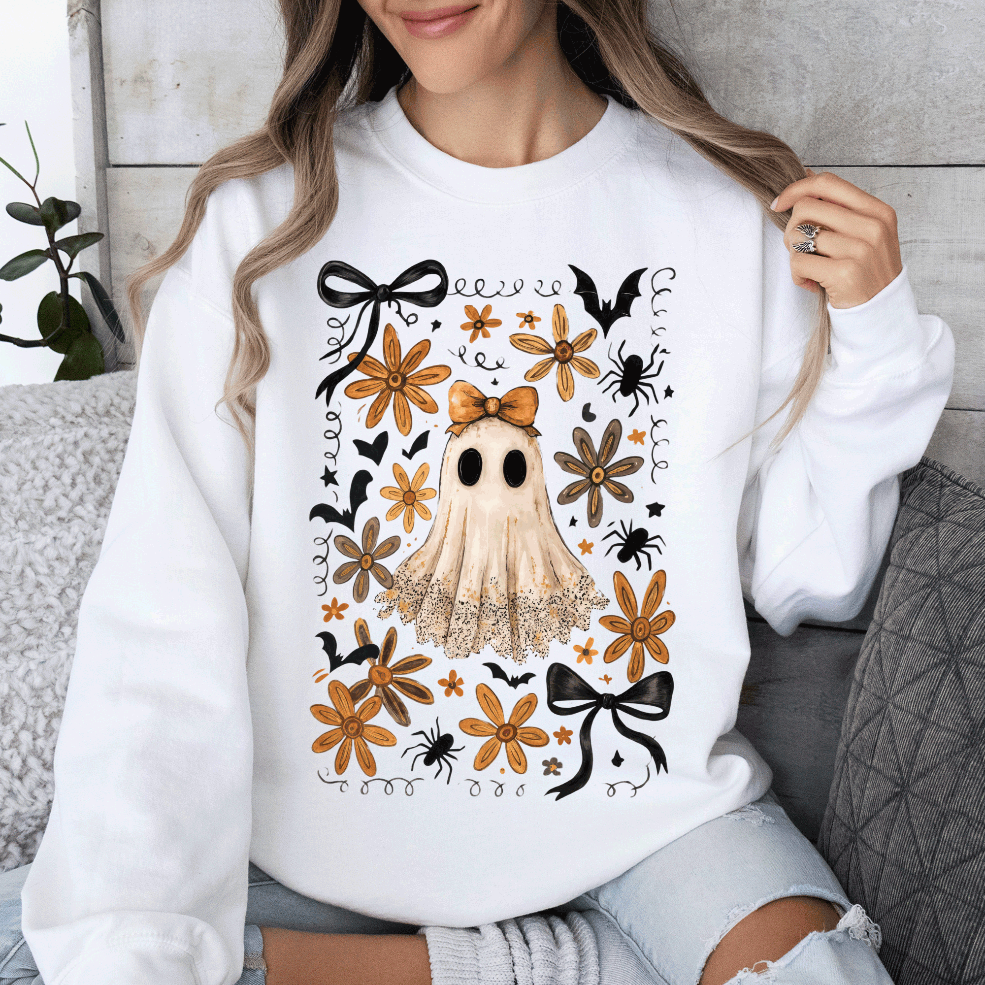 Beautiful Halloween, Bows, Bats, Flowers Sweatshirt