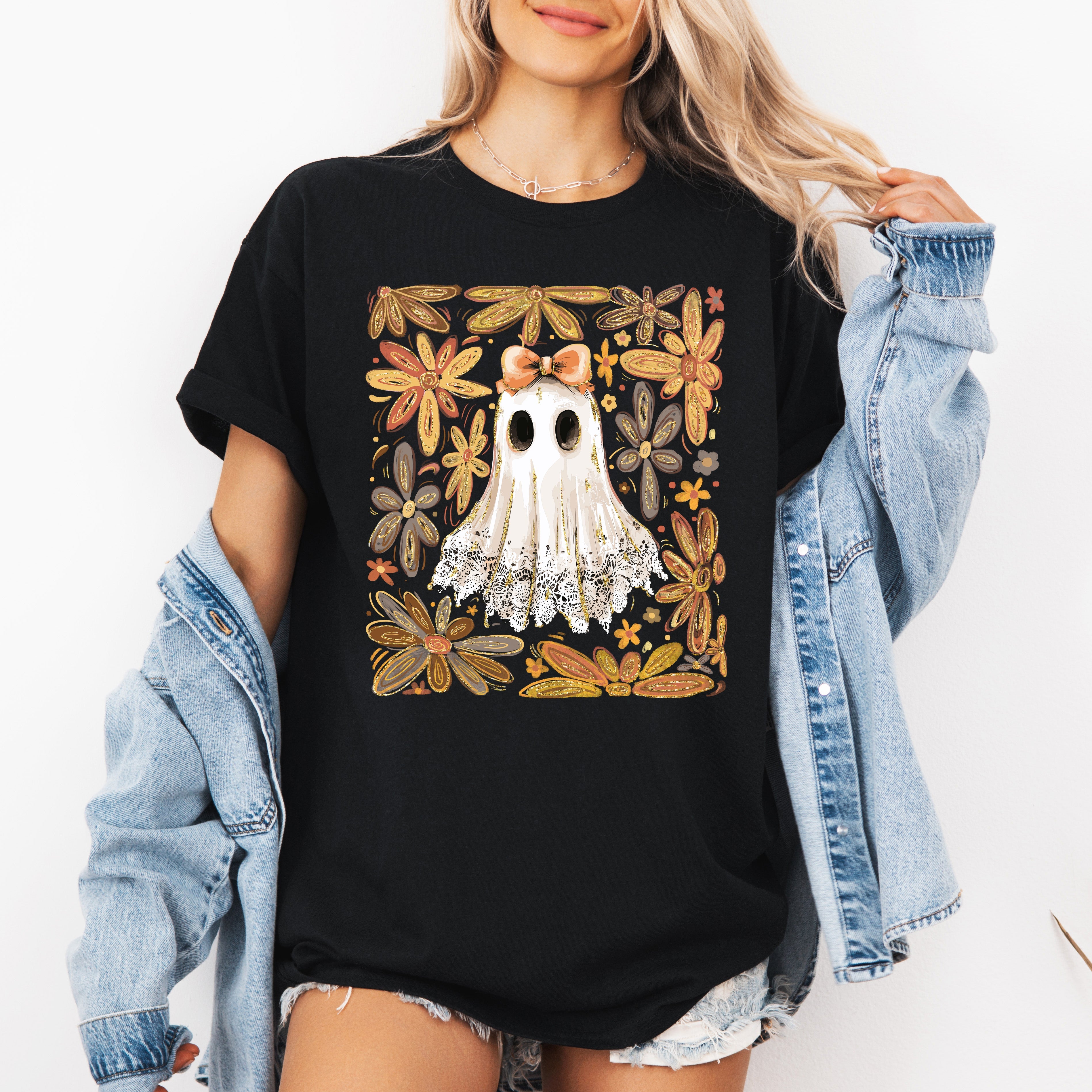 Beautiful Halloween, Flowers, Coquette Ghost, Tshirt