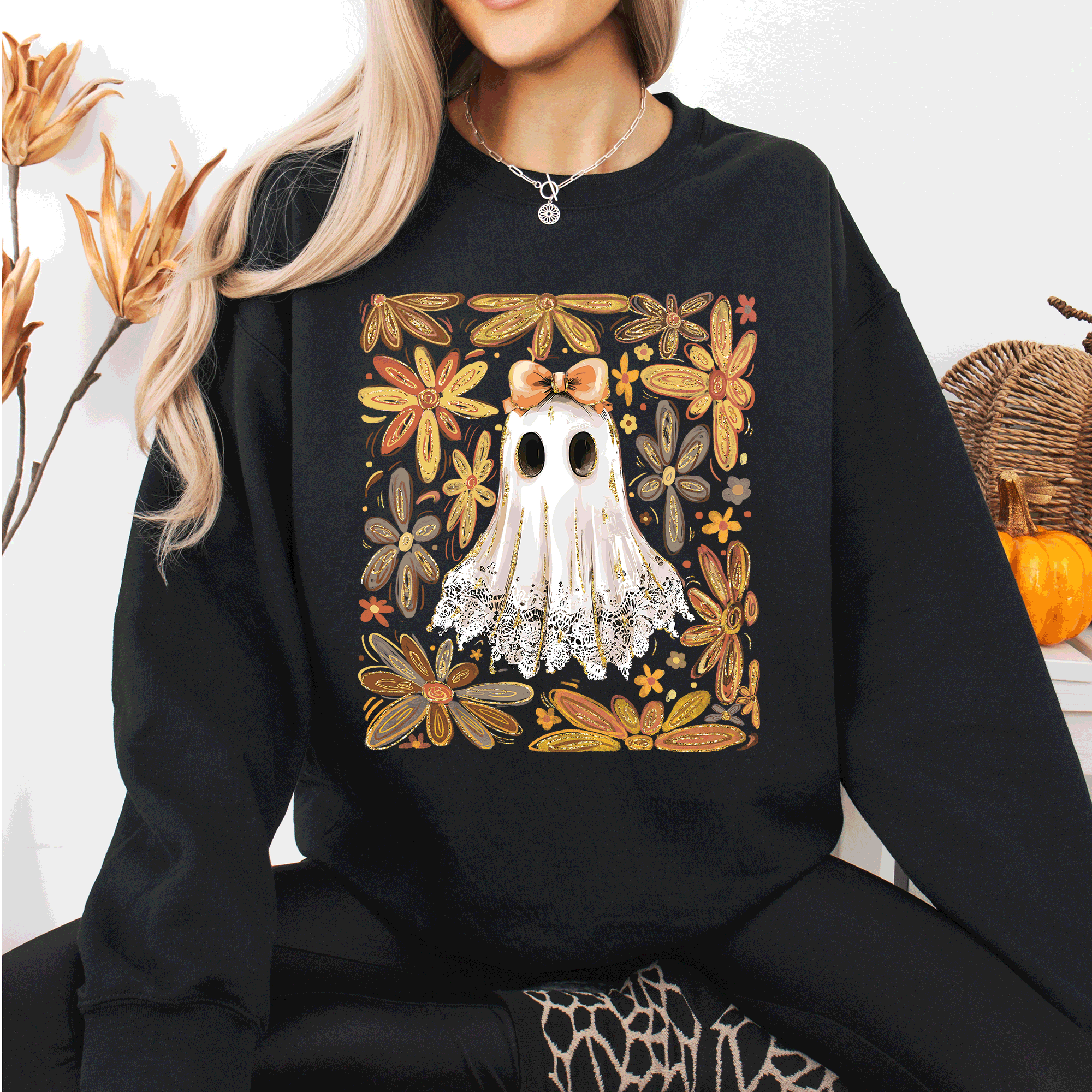 Beautiful Halloween, Flowers, Coquette Ghost Sweatshirt
