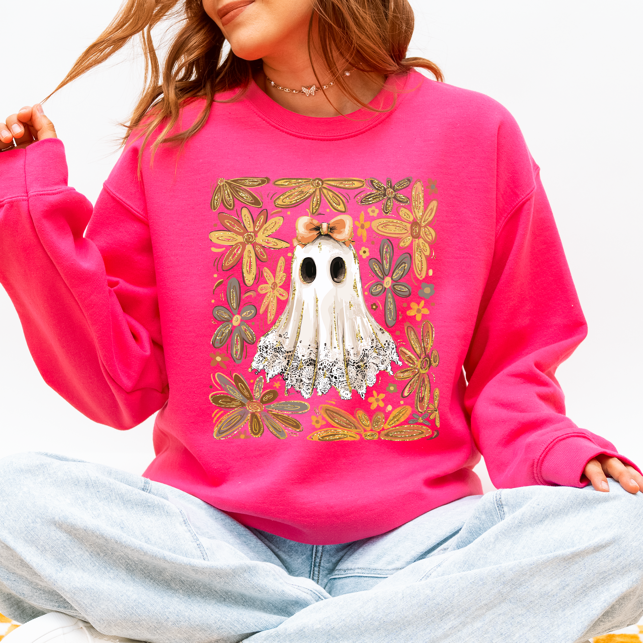 Beautiful Halloween, Flowers, Coquette Ghost Sweatshirt