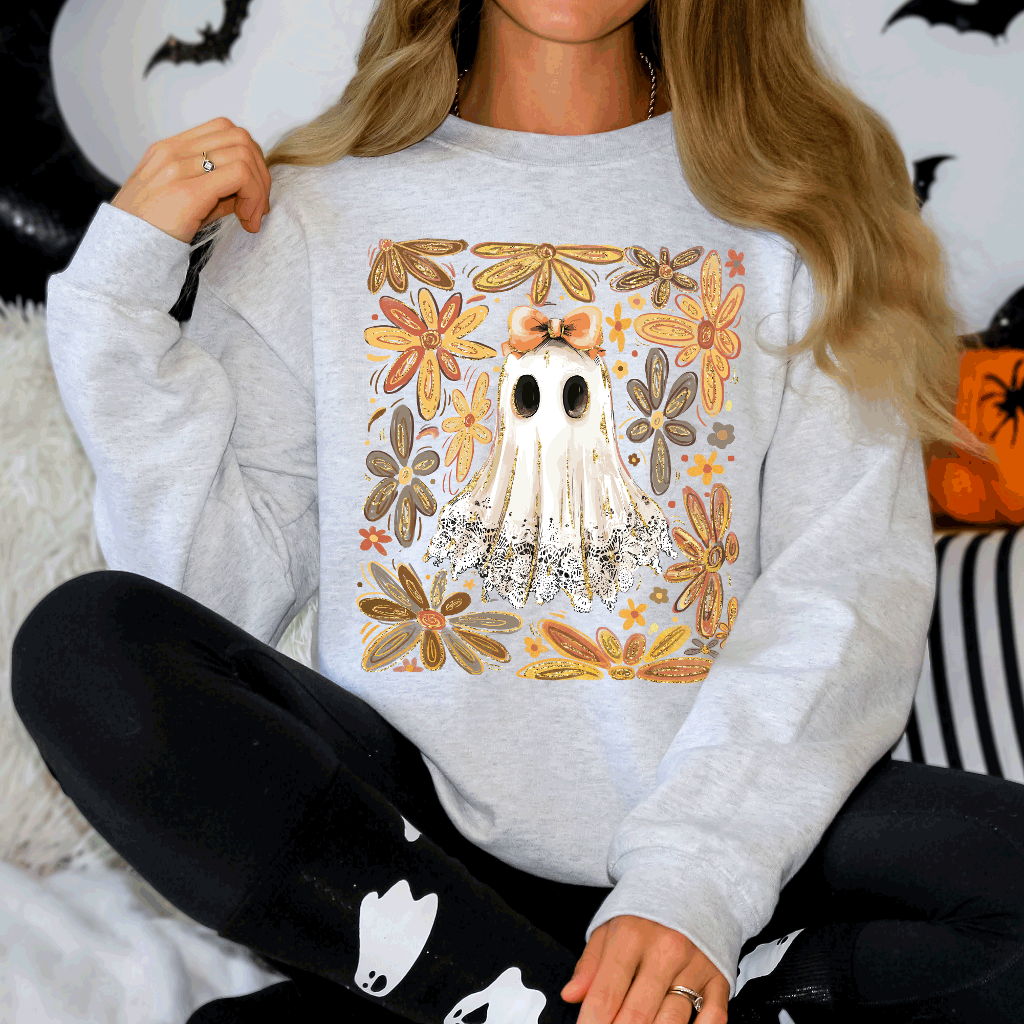 Beautiful Halloween, Flowers, Coquette Ghost Sweatshirt