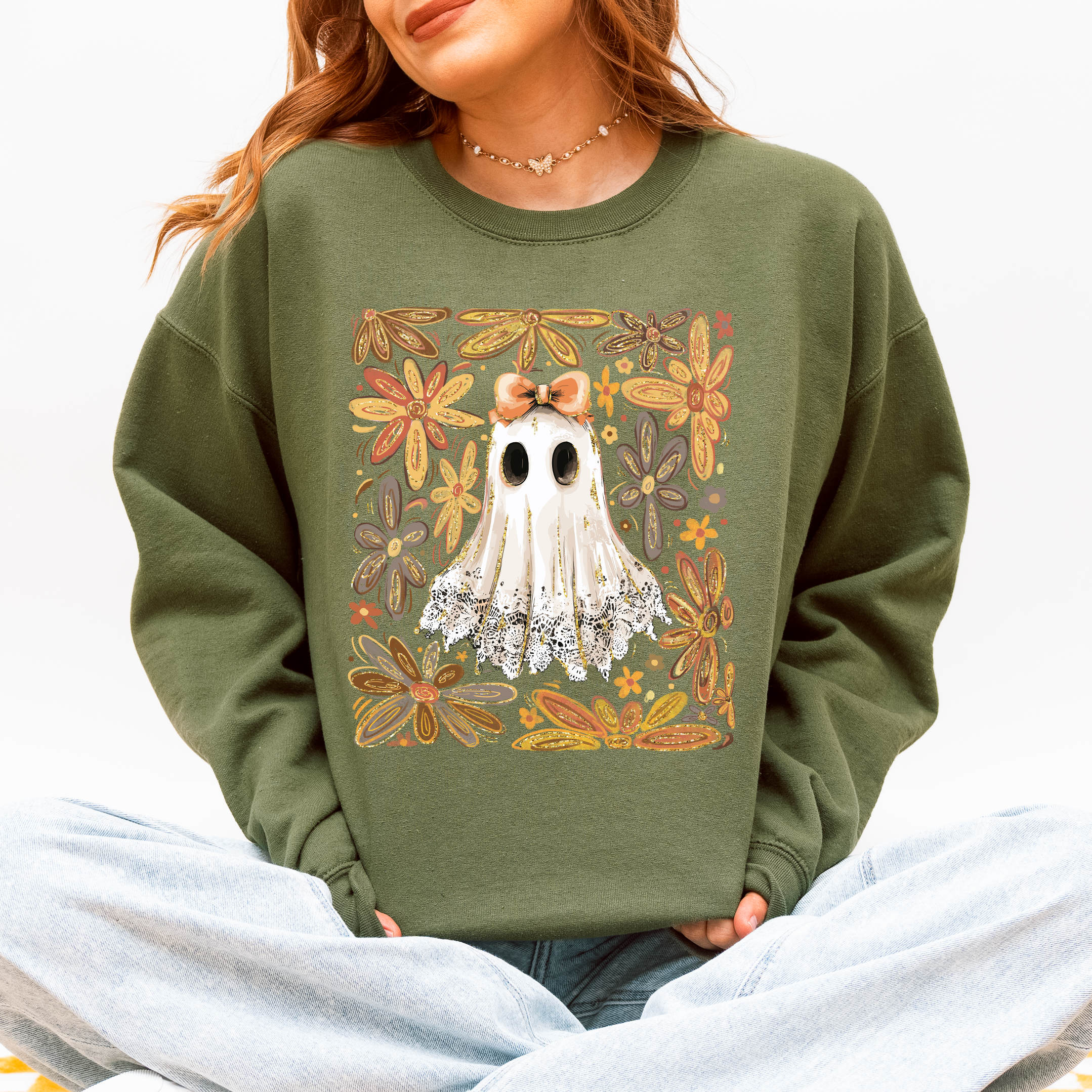 Beautiful Halloween, Flowers, Coquette Ghost Sweatshirt