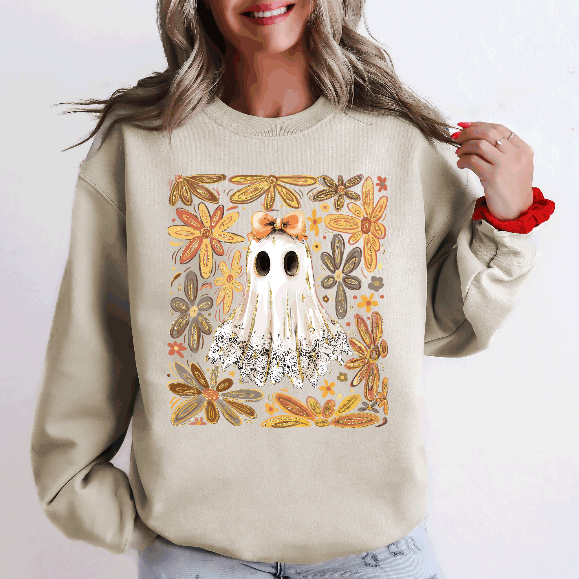 Beautiful Halloween, Flowers, Coquette Ghost Sweatshirt