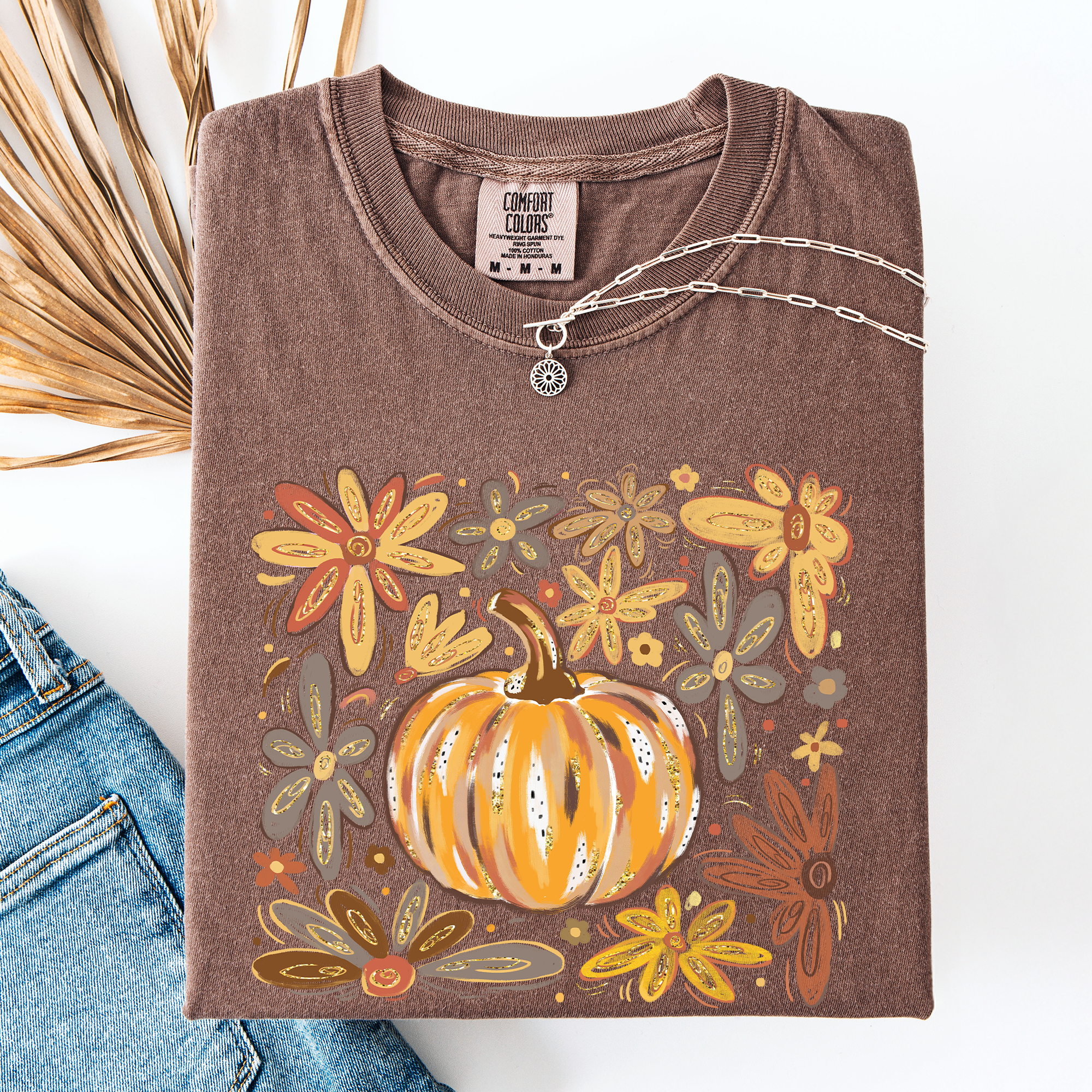 Beautiful Pumpkin Autumn Flowers, Fall, Floral, Watercolor, Comfort Colors T-Shirt