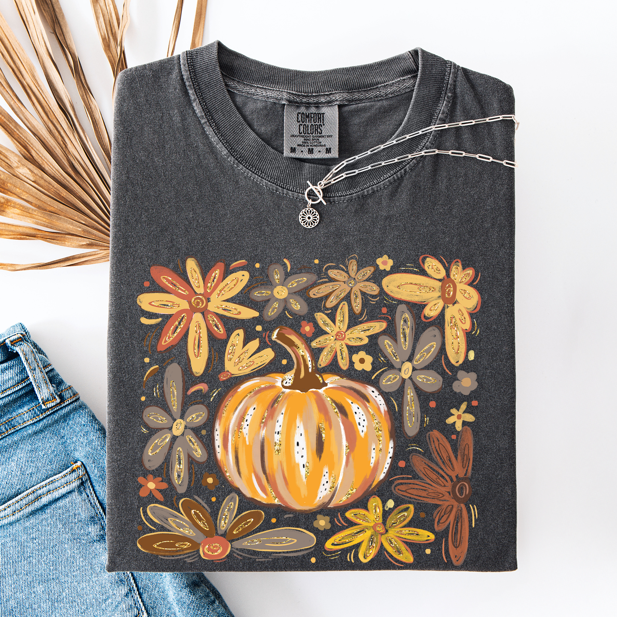 Beautiful Pumpkin Autumn Flowers, Fall, Floral, Watercolor, Comfort Colors T-Shirt