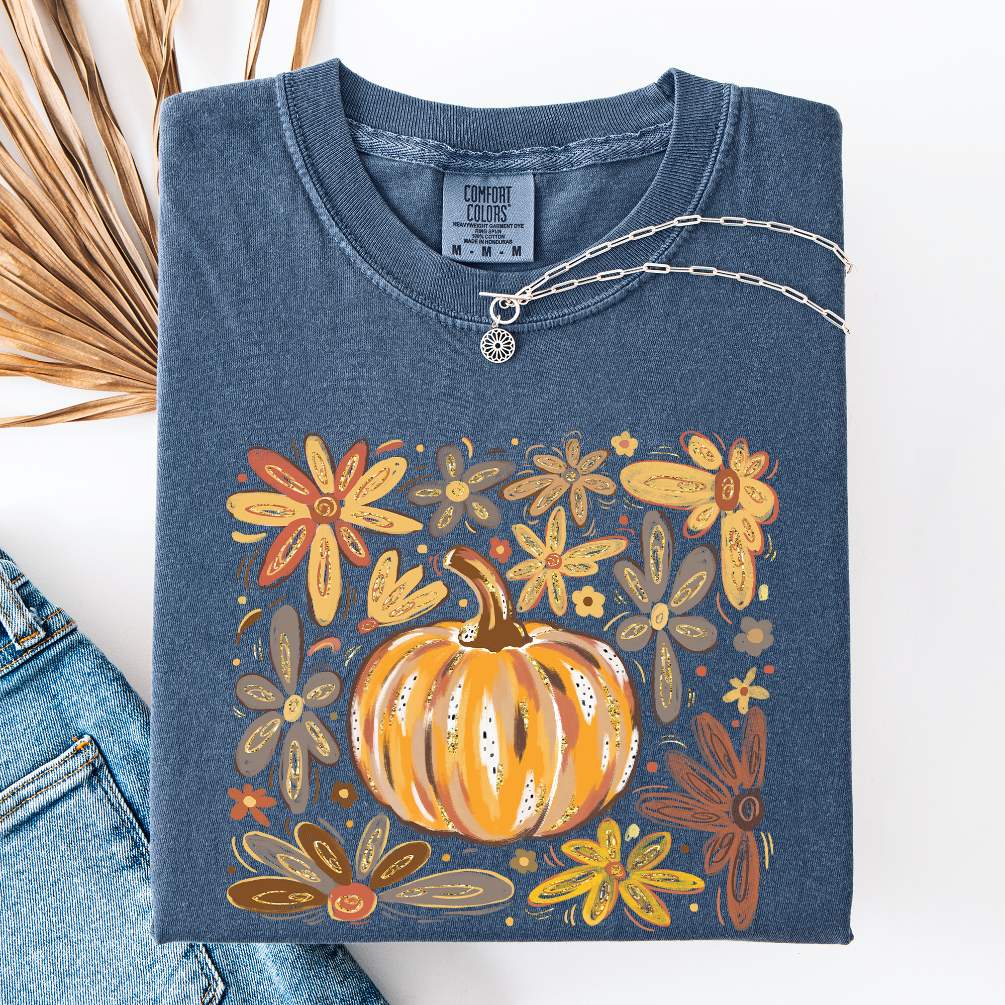 Beautiful Pumpkin Autumn Flowers, Fall, Floral, Watercolor, Comfort Colors T-Shirt