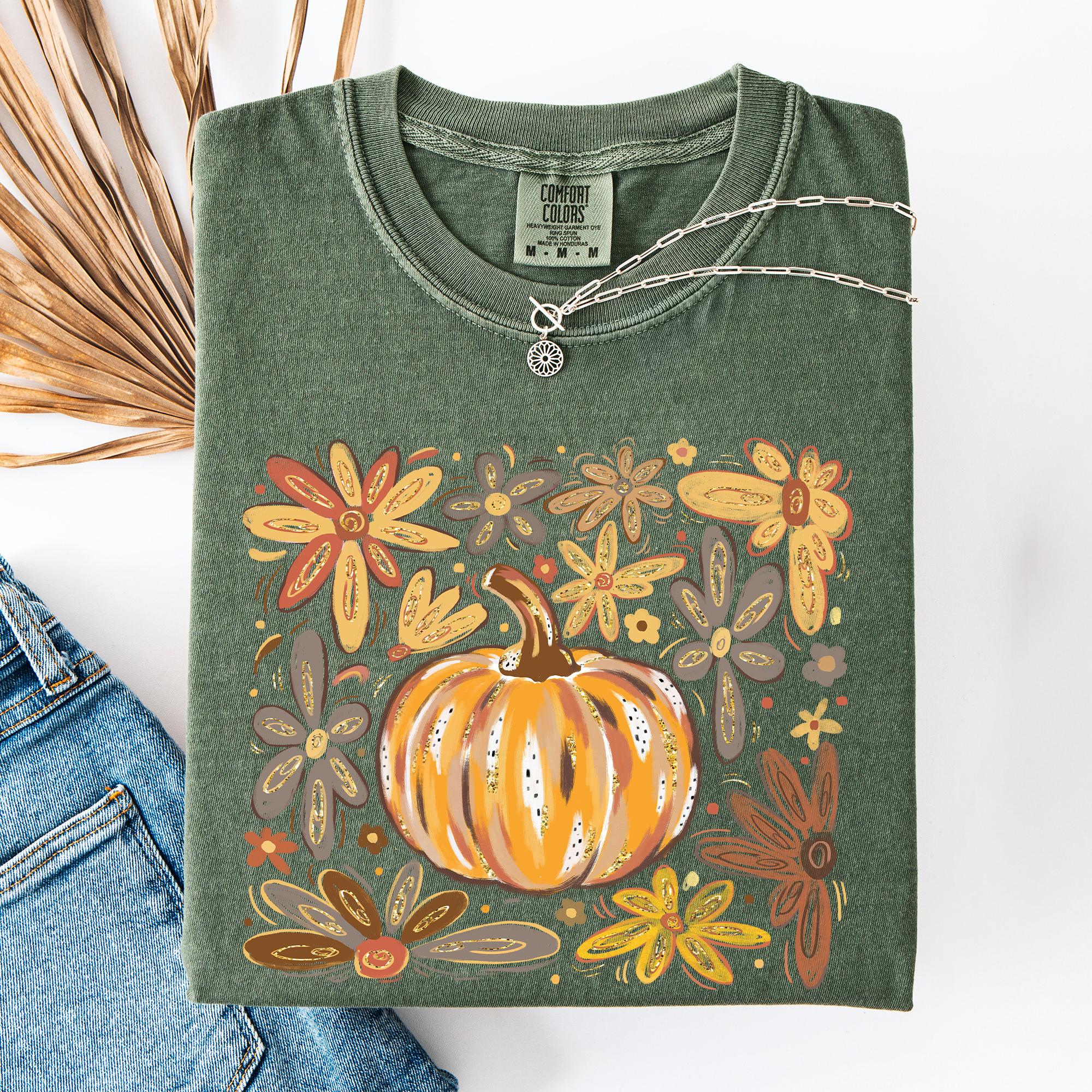 Beautiful Pumpkin Autumn Flowers, Fall, Floral, Watercolor, Comfort Colors T-Shirt