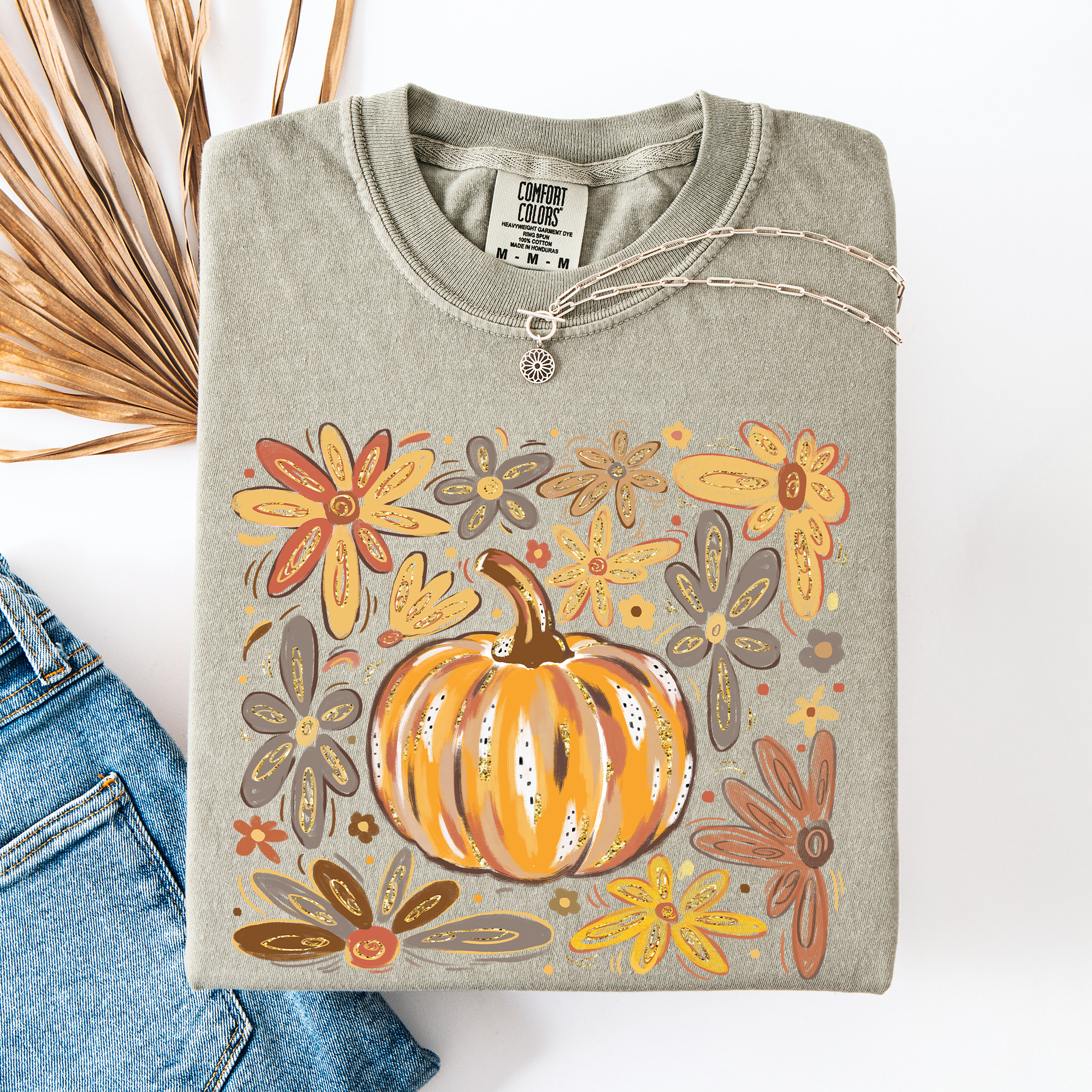 Beautiful Pumpkin Autumn Flowers, Fall, Floral, Watercolor, Comfort Colors T-Shirt