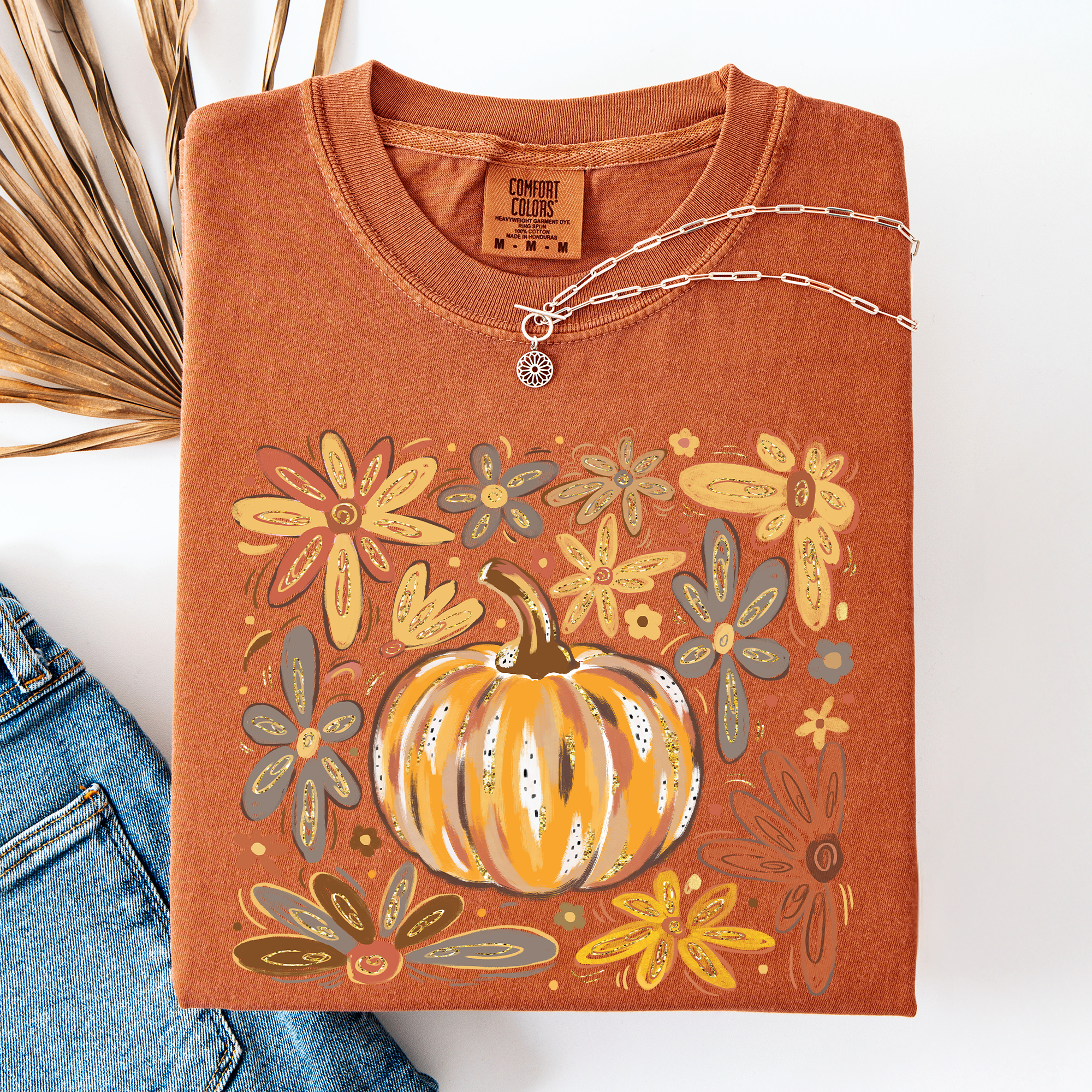 Beautiful Pumpkin Autumn Flowers, Fall, Floral, Watercolor, Comfort Colors T-Shirt