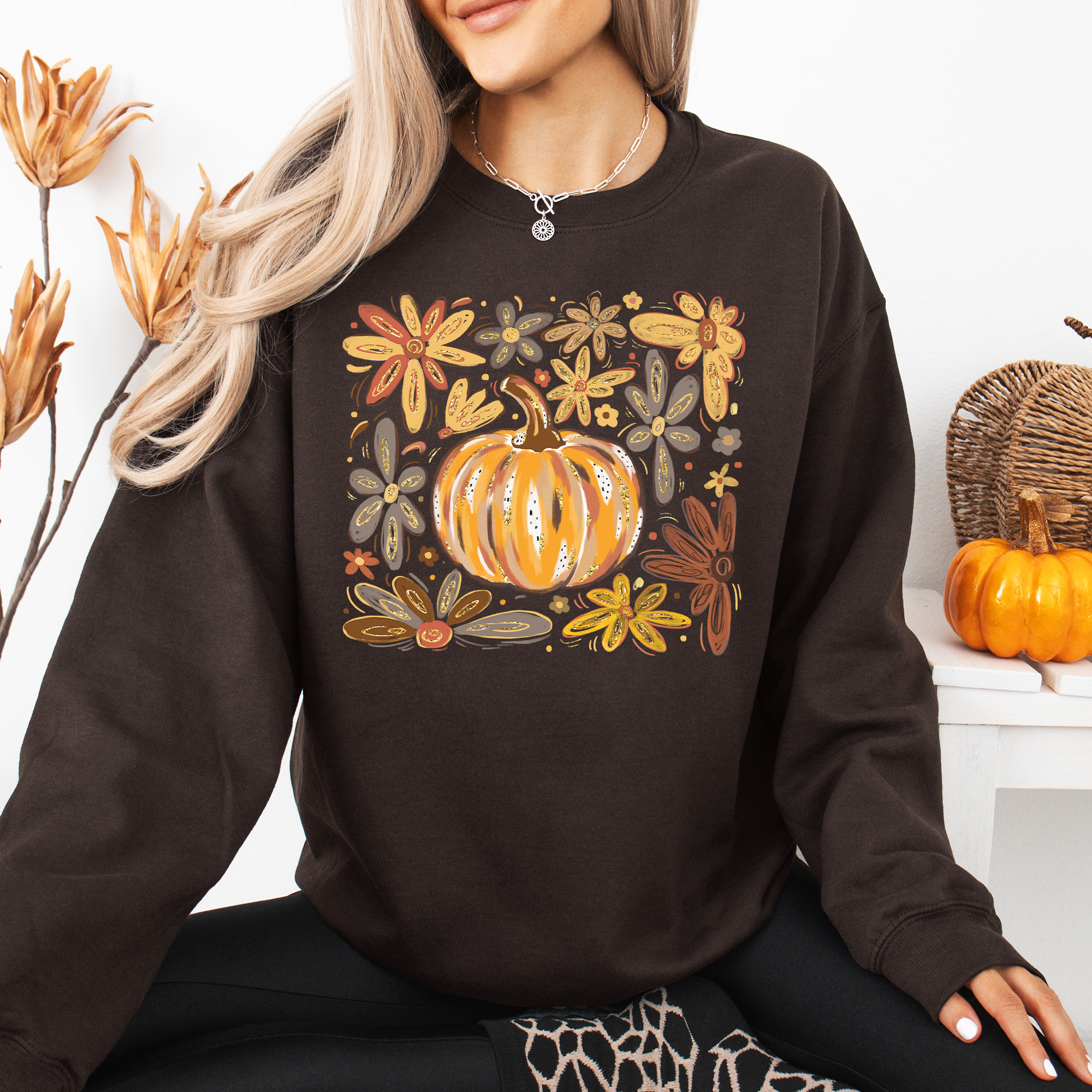 Beautiful Pumpkin Autumn Flowers, Fall, Floral, Watercolor Sweatshirt