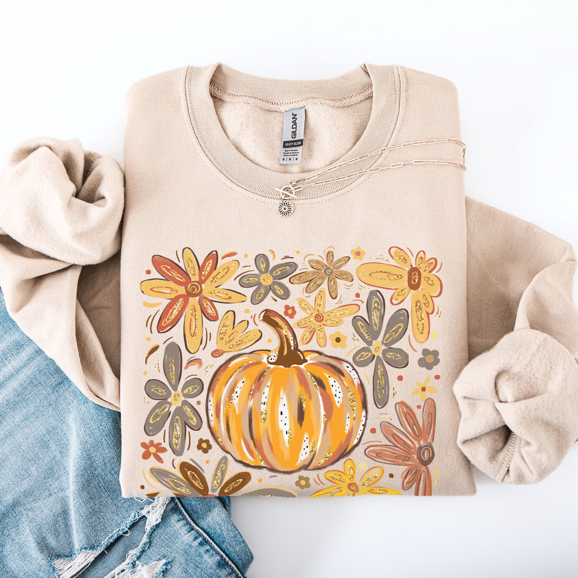 Beautiful Pumpkin Autumn Flowers, Fall, Floral, Watercolor Sweatshirt