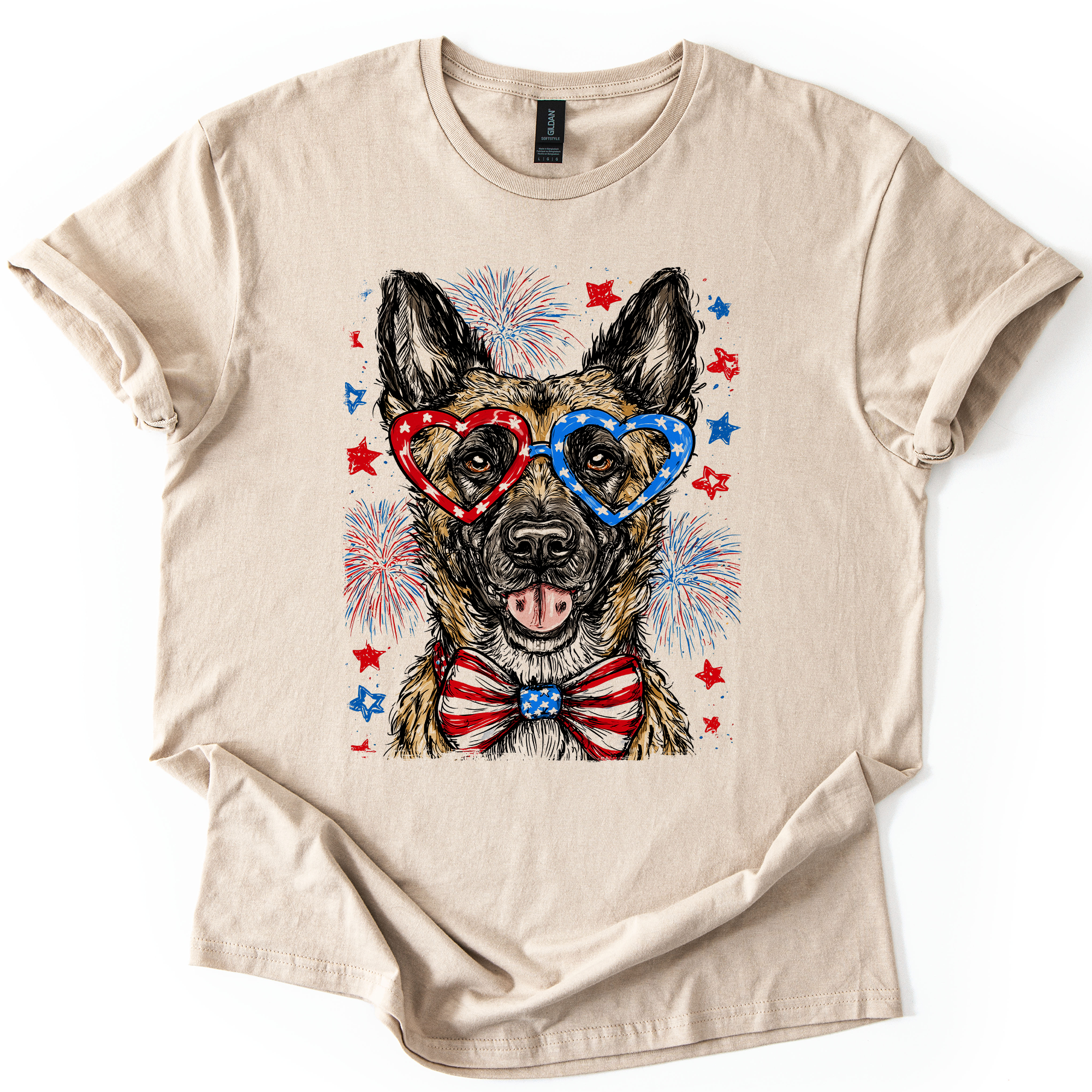 Belgian Malinois Patriotic Dog, USA, America, Pet Lover, 4th of July, Soft Style T-Shirt