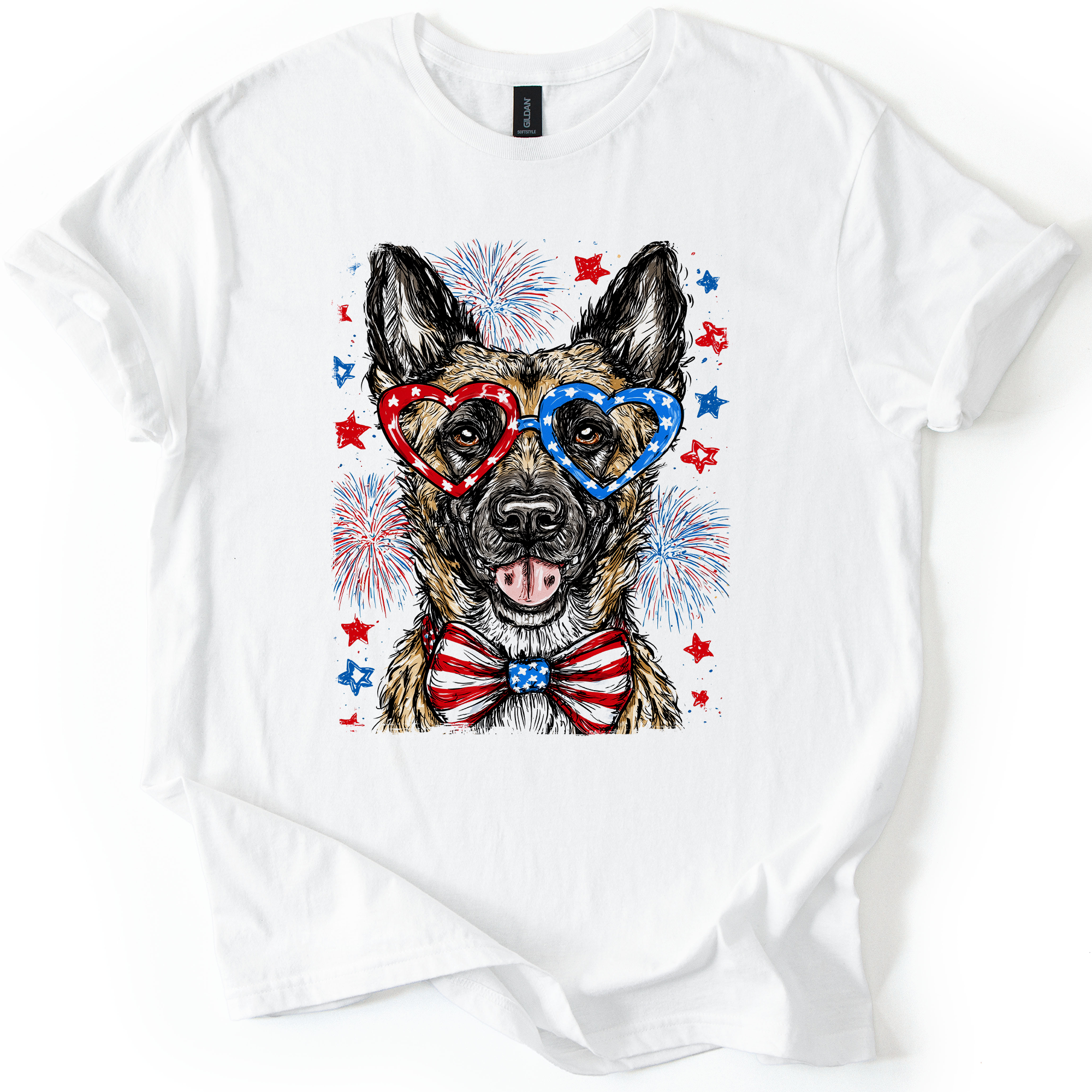 Belgian Malinois Patriotic Dog, USA, America, Pet Lover, 4th of July, Soft Style T-Shirt