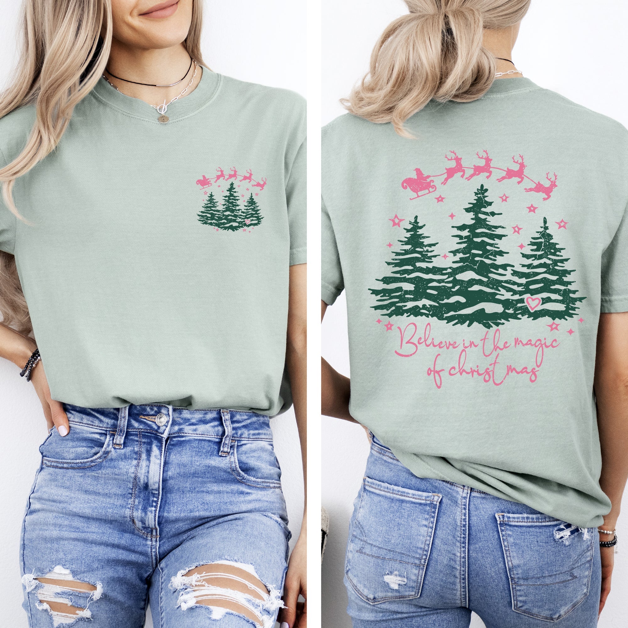 Believe In The Magic Of Christmas, Santa, Front and Back, Christmas Trees, Winter, Snow, Xmas Tshirt Comfort Colors T-Shirt
