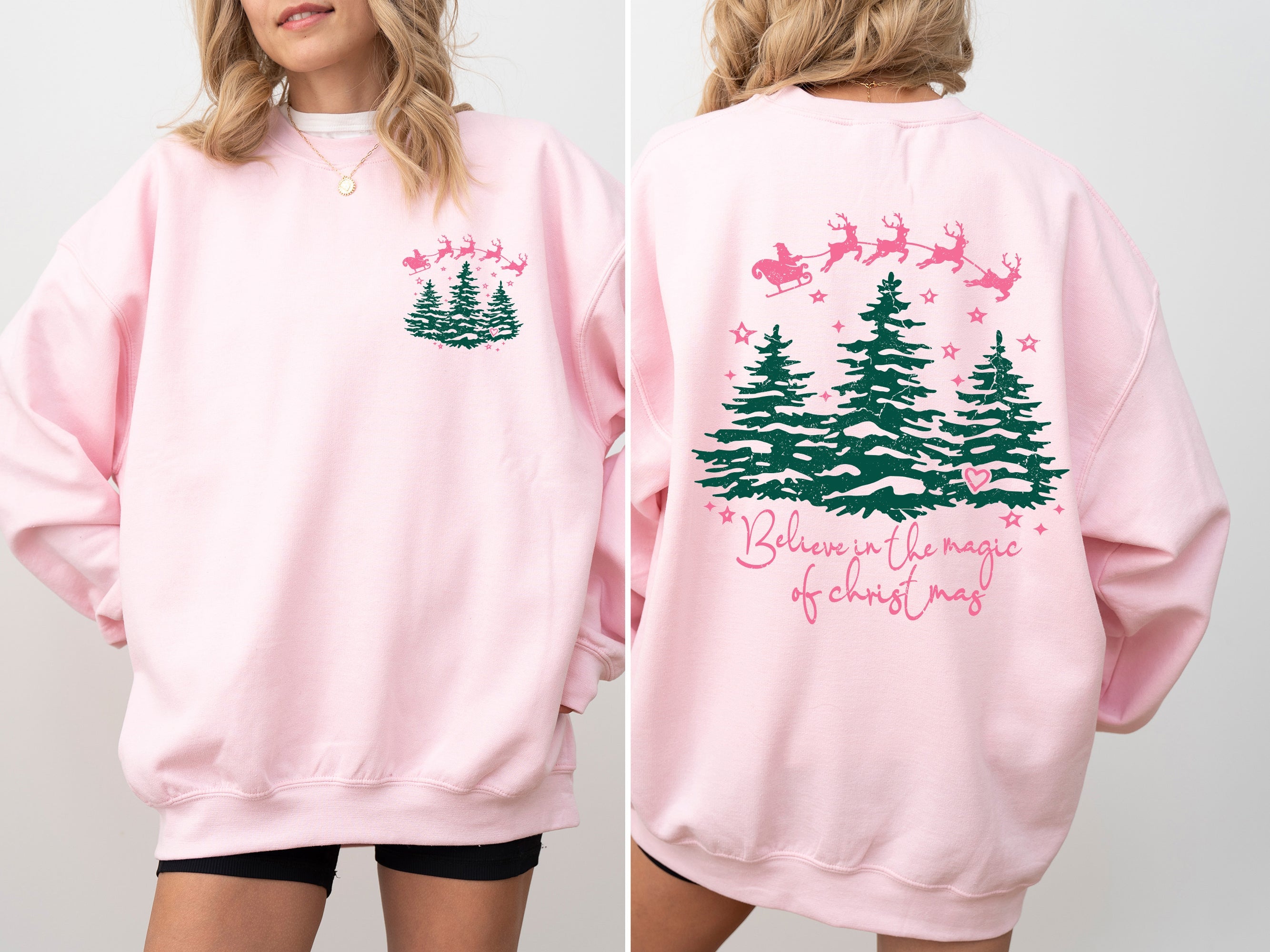 Believe In The Magic Of Christmas, Santa, Front and Back, Christmas Trees, Winter, Snow, Xmas Sweatshirt