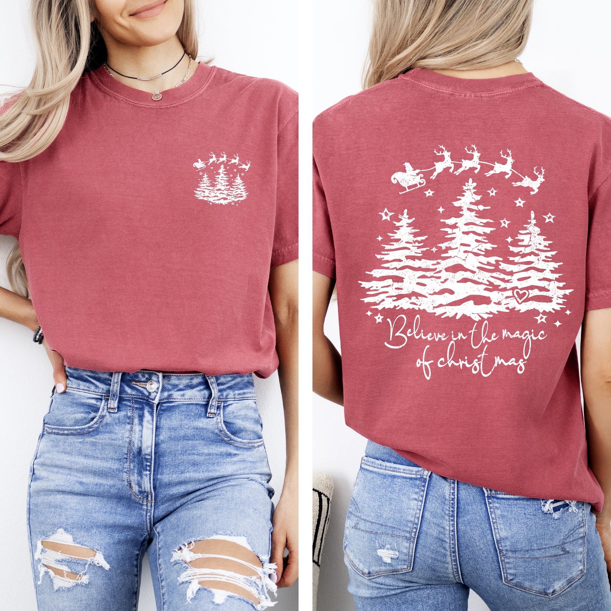 Believe In The Magic Of Christmas, Santa, Front and Back, Christmas Trees, Winter, Snow, Xmas Tshirt Comfort Colors T-Shirt