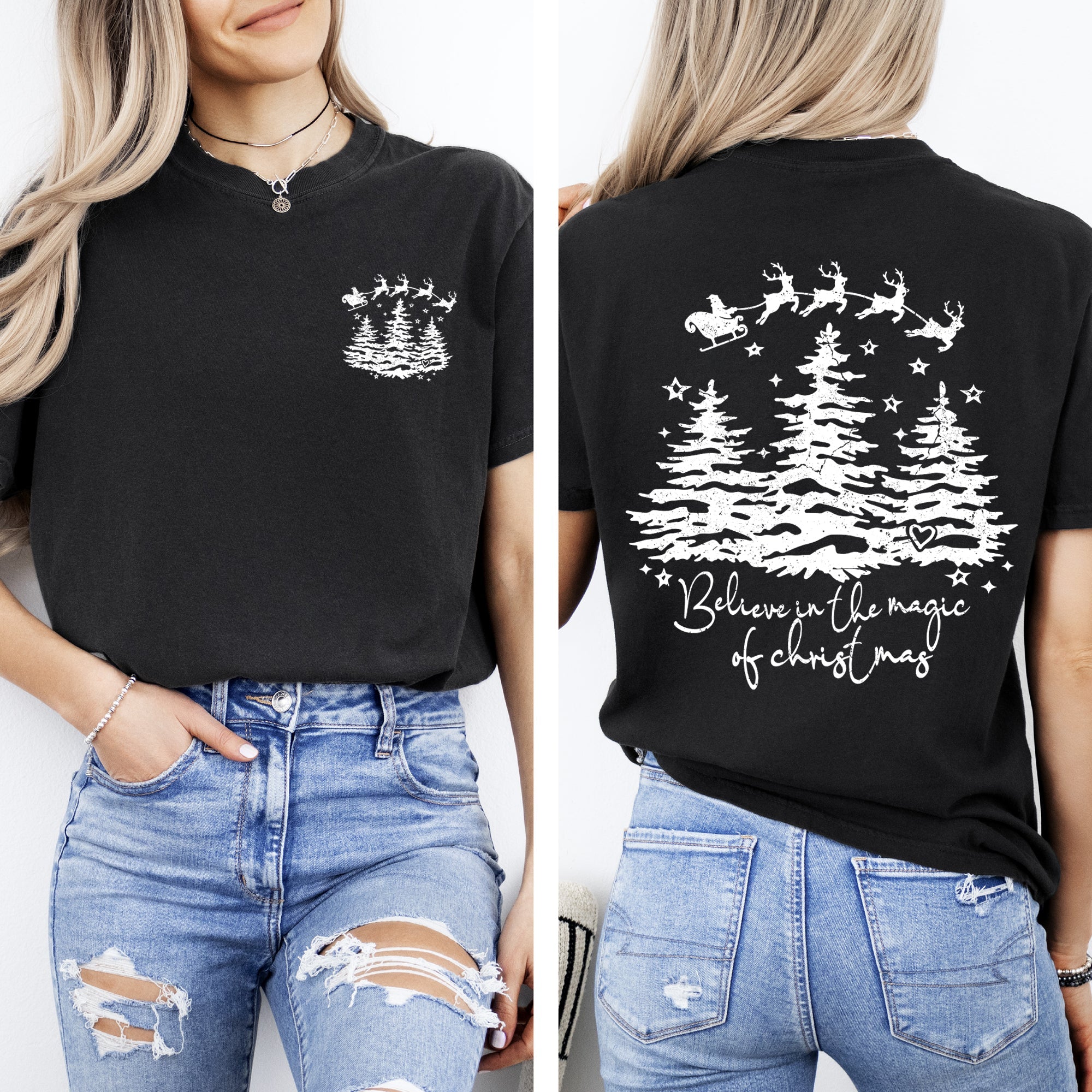 Believe In The Magic Of Christmas, Santa, Front and Back, Christmas Trees, Winter, Snow, Xmas Tshirt Comfort Colors T-Shirt