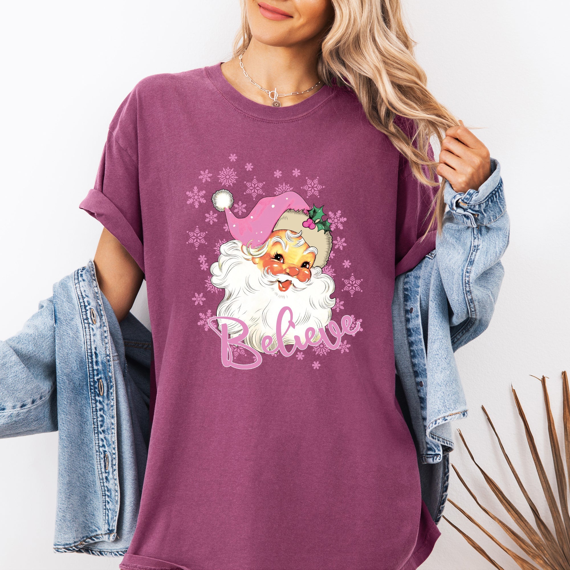 Believe, Pink Santa, Snowflakes, Christmas, Winter, Snow, Xmas Tshirt Comfort Colors T-Shirt