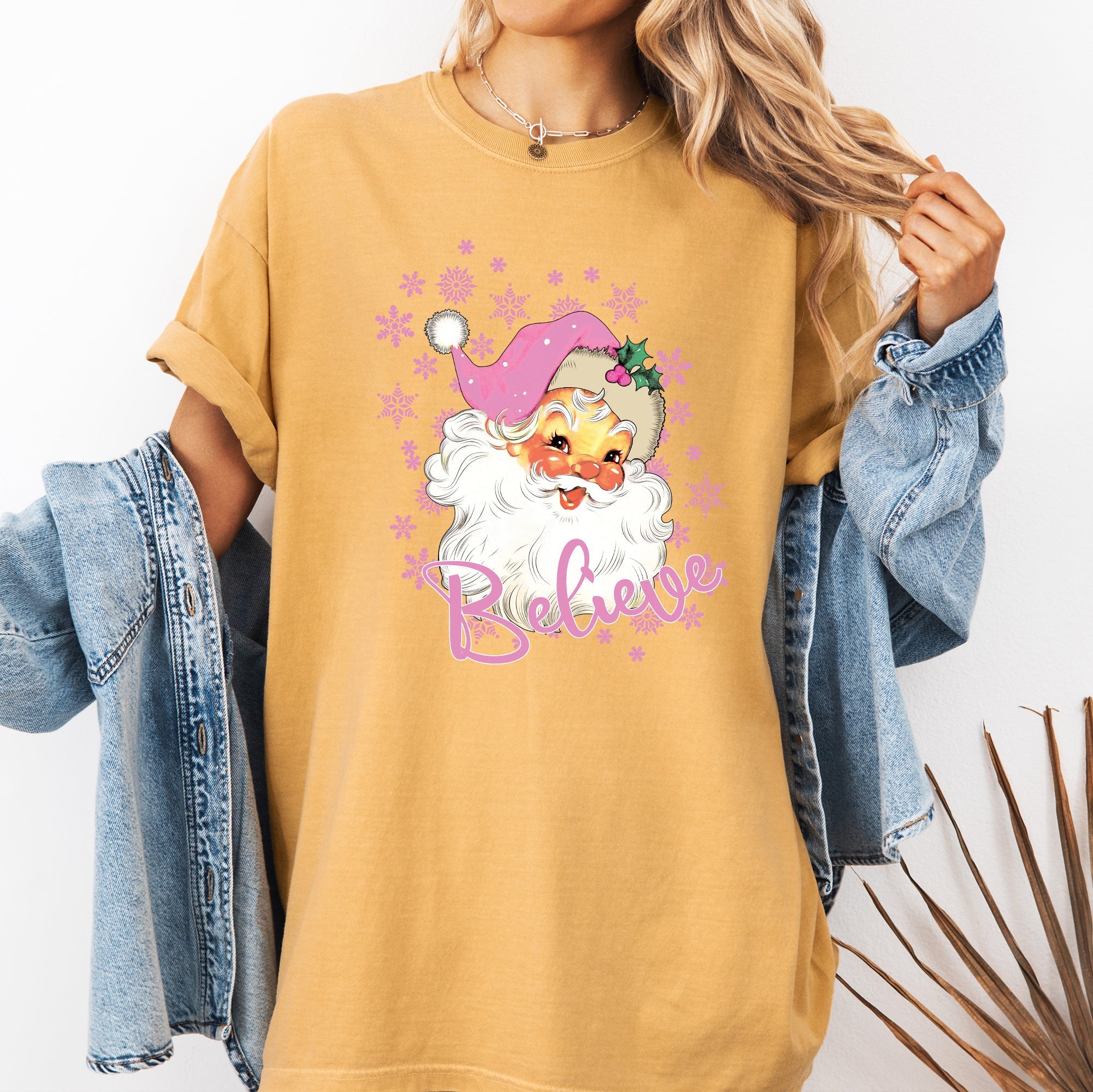 Believe, Pink Santa, Snowflakes, Christmas, Winter, Snow, Xmas Tshirt Comfort Colors T-Shirt