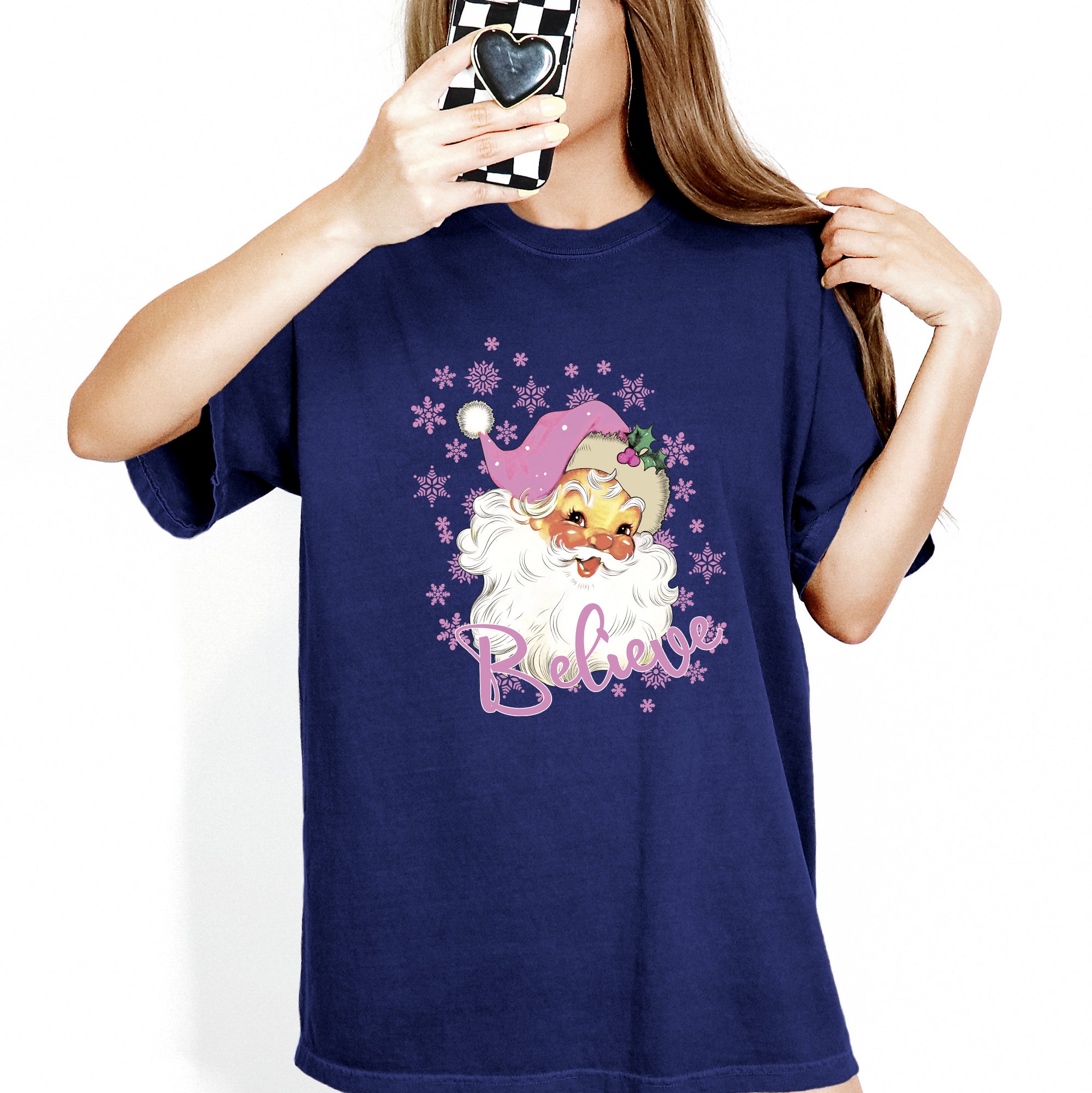 Believe, Pink Santa, Snowflakes, Christmas, Winter, Snow, Xmas Tshirt Comfort Colors T-Shirt